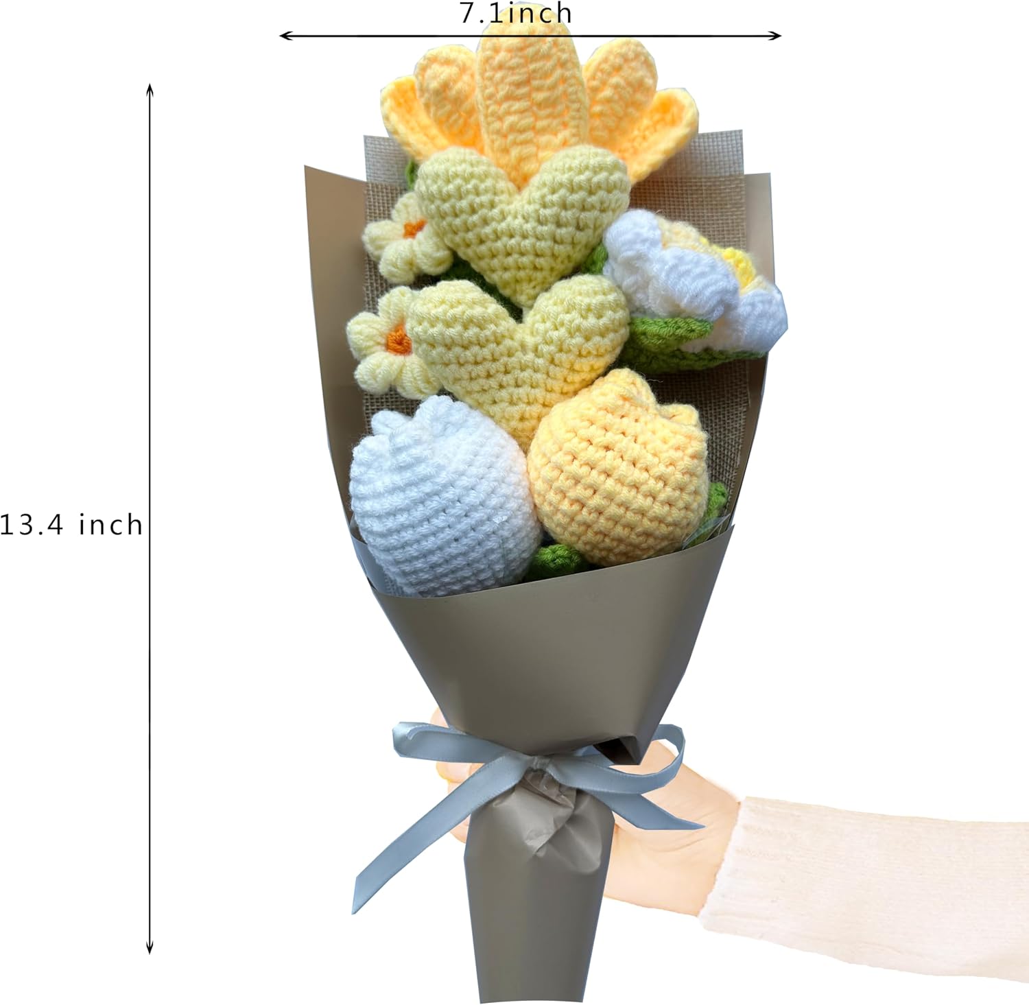Crochet Flower Bouquet, Crocheted Heart Bouquet, Finished Handmade Flowers, Valentine's Day, Mother's Day, Birthday, Wedding, Teacher's Day Gift, Yellow, Artificial Plant