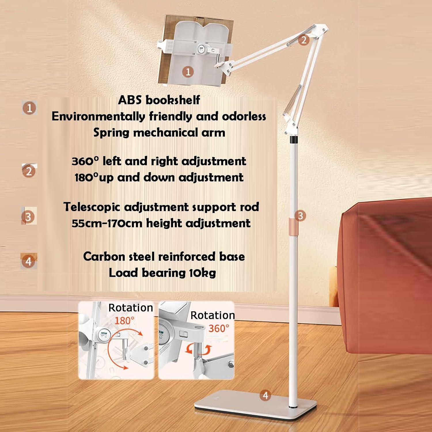 Adjustable Floor Book Stand - 2-in-1 Dual-use Design, Height Adjustable 55-170cm for Office, School, Home, and Sheet Music