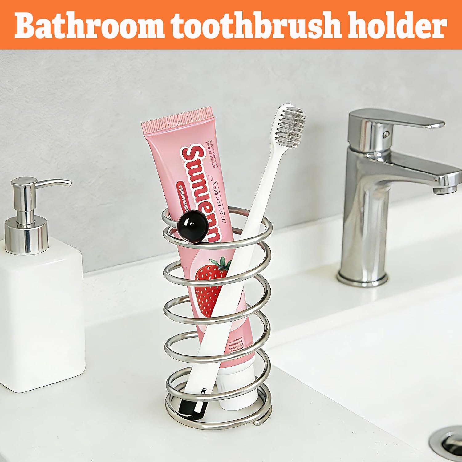 Stainless Steel Spring-Shaped Toothbrush Holder, Pen Holder and Cosmetic Brush Organiser, Suitable for Bathroom countertops, Dressing Tables, Office desks and Kitchen worktops (Black Sphere Design)