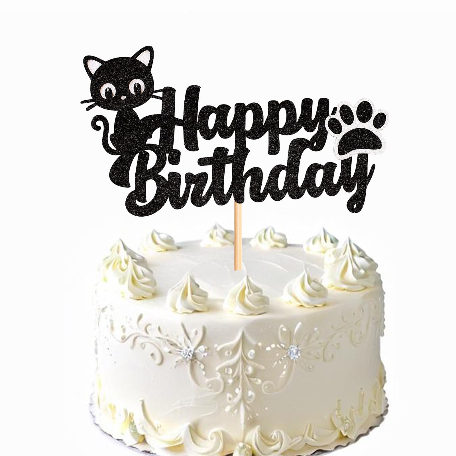 ZpiLkes Cat Happy Birthday Cake Topper Black Glitter Pet Cat Paw Cake Decoration for Cat Theme Party Kids Birthday Party Baby Shower Supplies