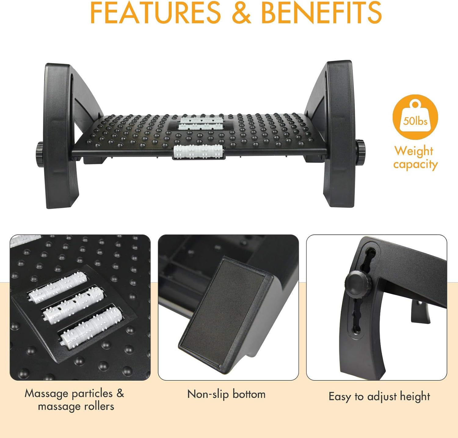 SurmountWay Adjustable Foot Rest for Under Desk at Work,Upgrade Widened Panel Office Footrest with Massage Texture and Roller,Ergonomic Foot with 6 Height Position, Max-Load 40Lbs Footrest for Home : Office Products