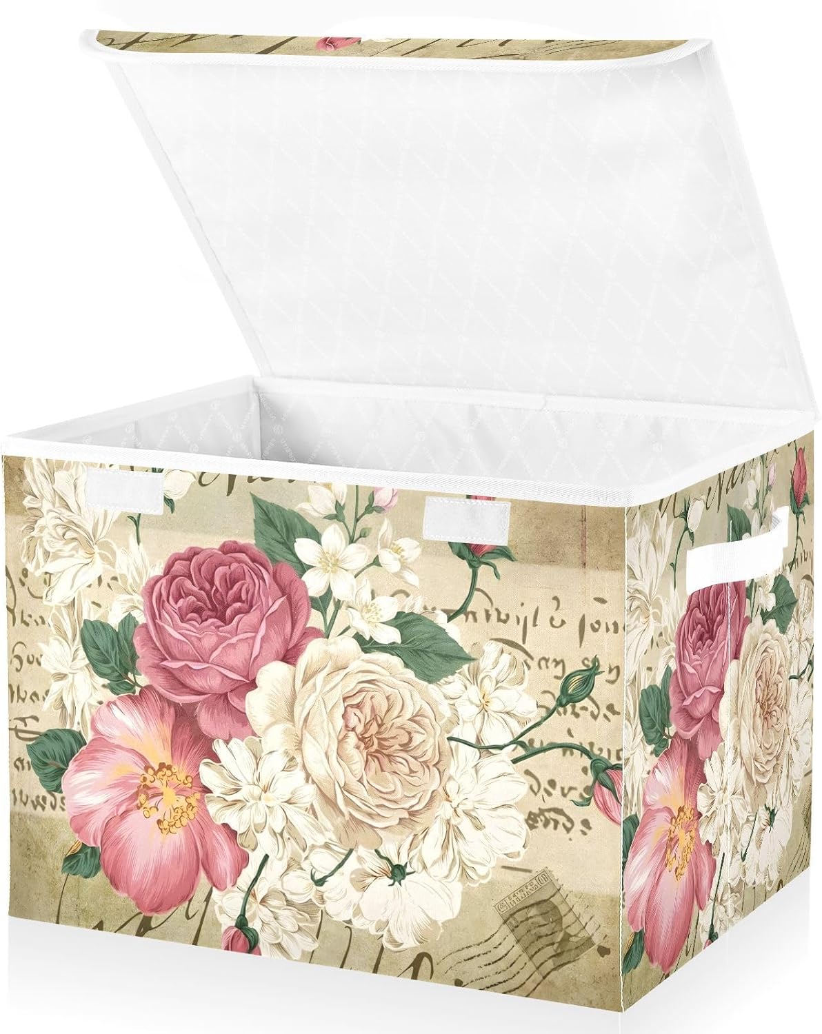 senya Flower Baskets Collapsible Storage Bins with Lids, Vintage Rose Floral Storage Boxes Clothes Baskets for Organizing