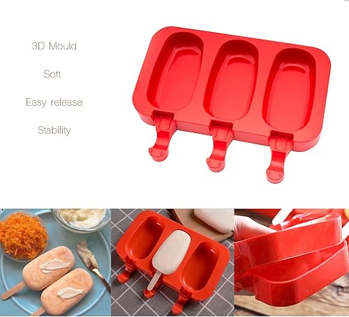 Miniatura 2 de Molde de silicona para helado de Beicemania sin BPA con palos de madera clásicos ovalados redondos, Clásico, Rojo