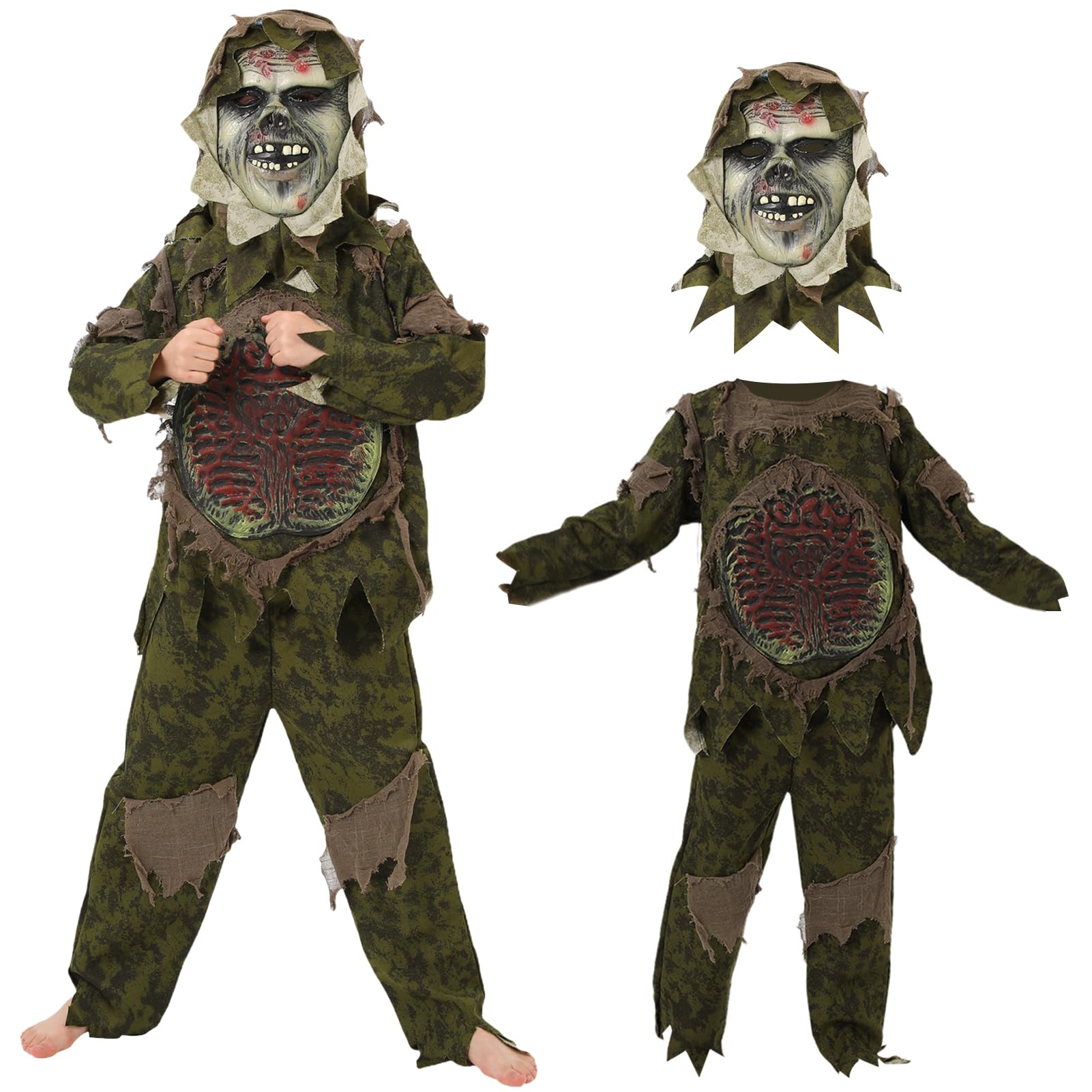 GreenYeah Disfraz de Zombi para Niño, Conjunto de Disfraz de Zombie de Halloween Aterrador con Máscara, Intestinos Camisa y Pantalón, Traje de lujo Zombie para Niños, Disfraz Halloween para Niño