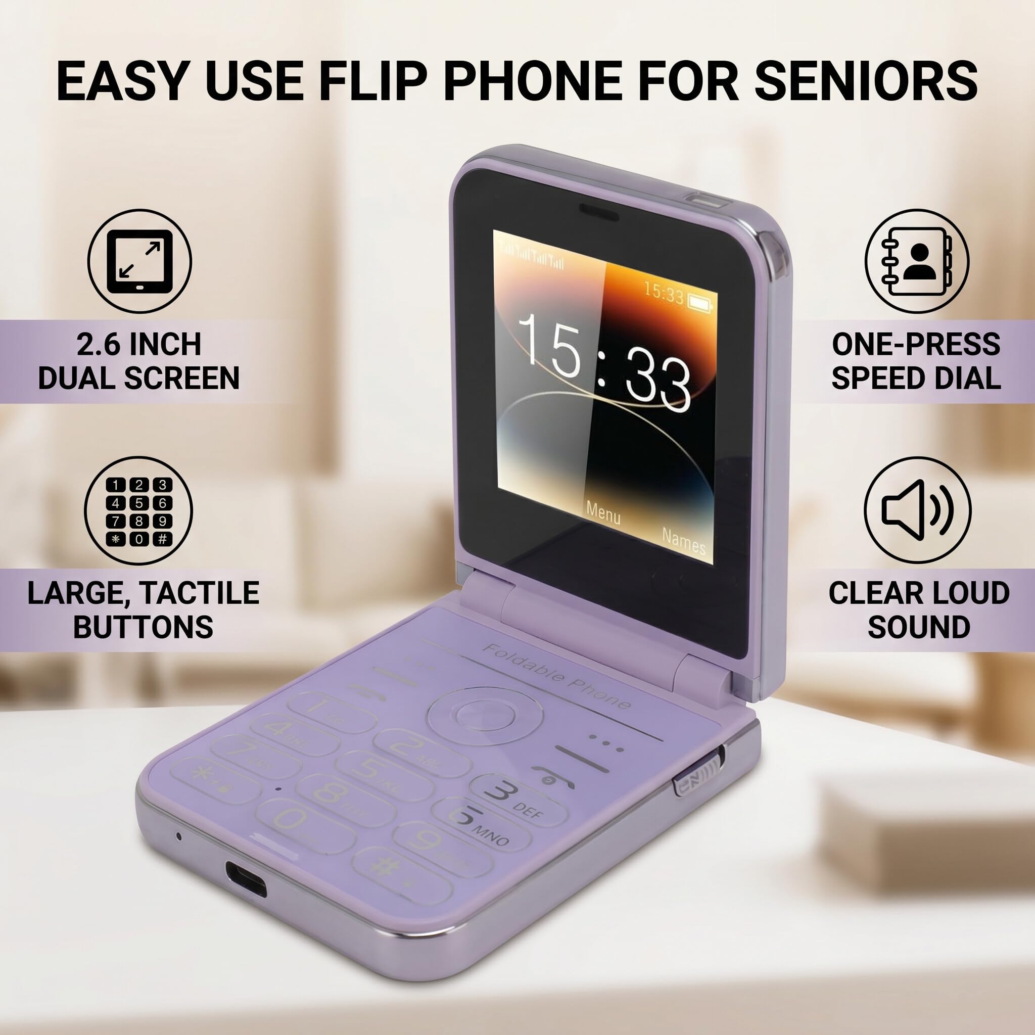 Garsent Teléfonos con Tapa para Personas Mayores, Teléfono Celular Desbloqueado de 2,6 Pulgadas, Botones Grandes, Dígitos Grandes, Teléfono Celular con Tapa para Personas Mayores,