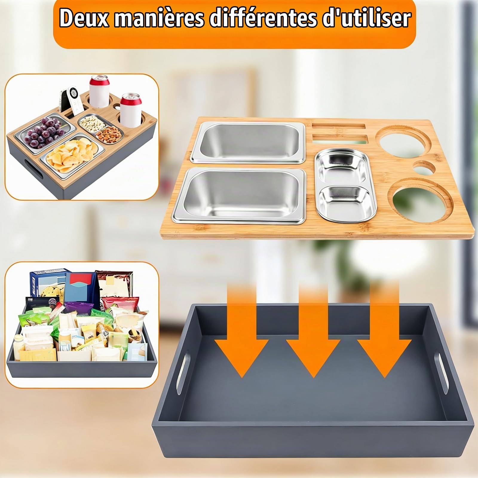 Plateau Collation Canapé avec Bols Snack Acier Inoxydable Amovible, Plateau Bois pour Salon Chambre Jardin Camping Voiture, Plateaux Nourriture Bambou pour Restaurant, fête, Rassemblement, Pique-Nique