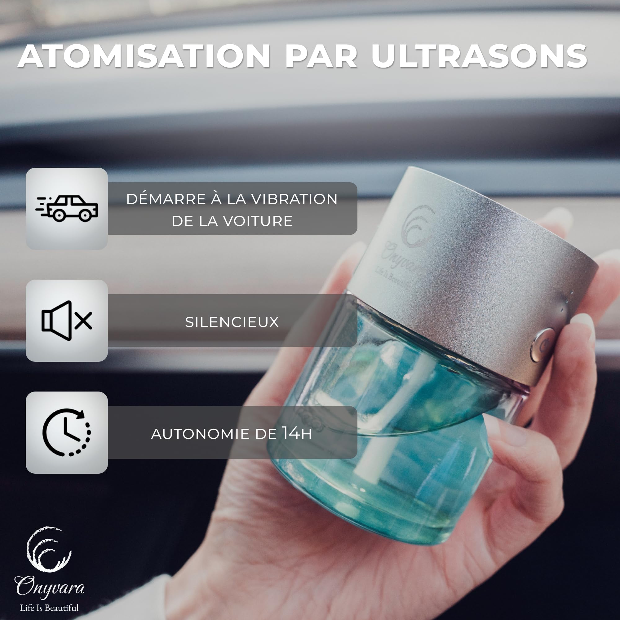 Diffuseur Parfum Voiture Automatique - Senteur Mousse d’Ambre - Désodorisant Voiture 80ml sans Fil - Diffuseur Huiles Essentielles Intelligent & Ultrasonique