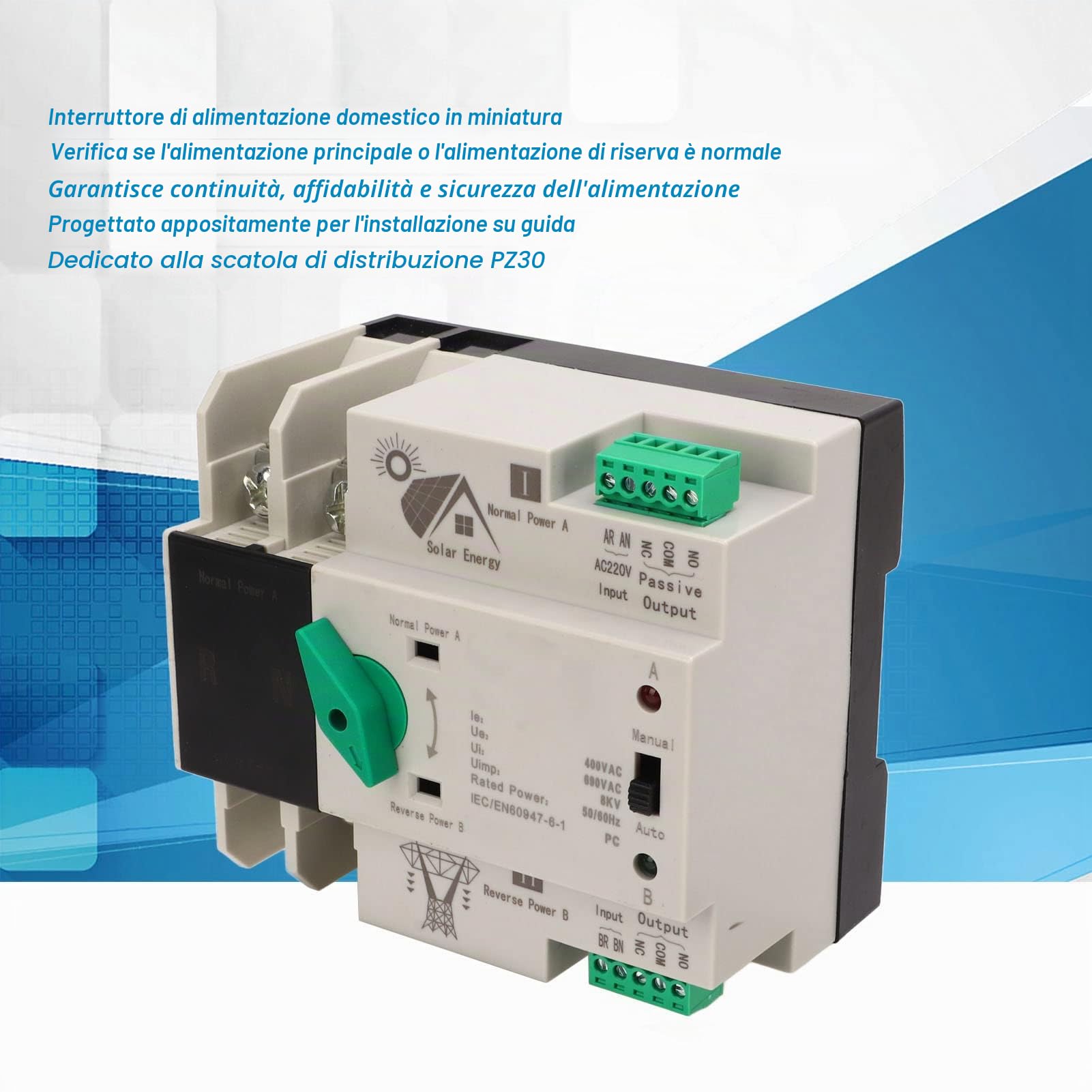 Interruttore di Trasferimento Automatico a Doppia Alimentazione AC400V 2P 63A/80A/100A Interruttore a Levetta di Commutazione Automatico per PC ATS per Elettricità Municipale, Ups, Inverter(63a)