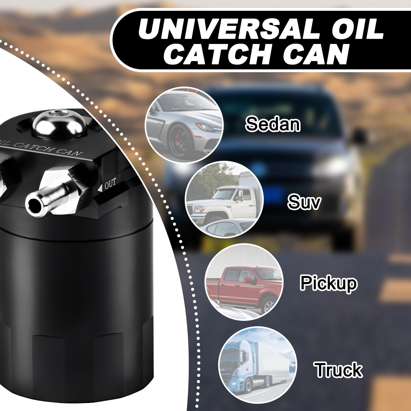 PORFOYO Collecteur d'huile en aluminium 300 ml avec filtre à air, séparateur d'huile avec filtre à air et accessoires, réservoir de voiture, réservoir d'huile pour moteurs de course turbo, noir