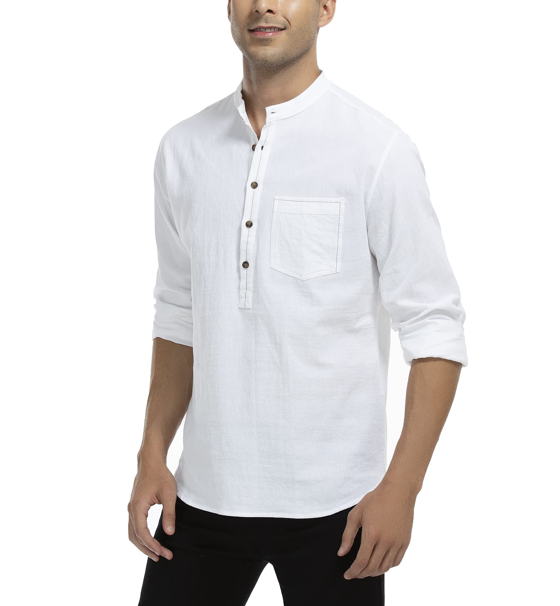 WAZZAP Hombre Camisa Lino de Algodón Manga Larga Casual Playa Henley Camisas con Botones