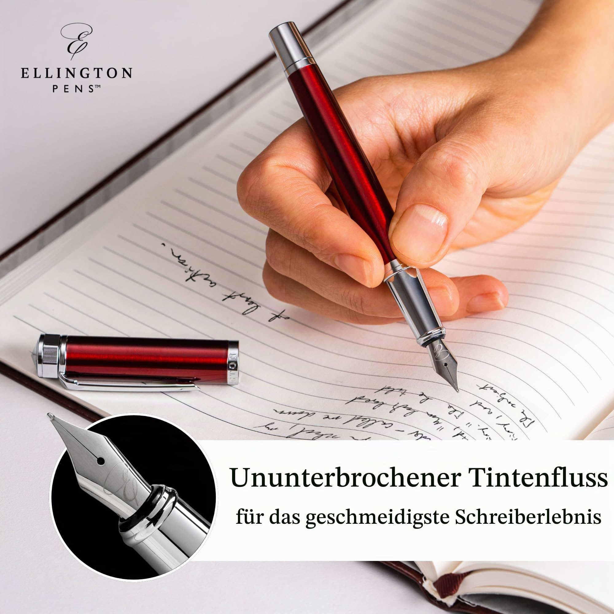 Ellington Pens Luxus-Füllfederhalter-Set glatte, Spitze – inklusive nachfüllbarem Tintenkonverter, 3 Tintenpatronen [Schwarz und Blau], Geschenkbox – elegante Kalligrafie