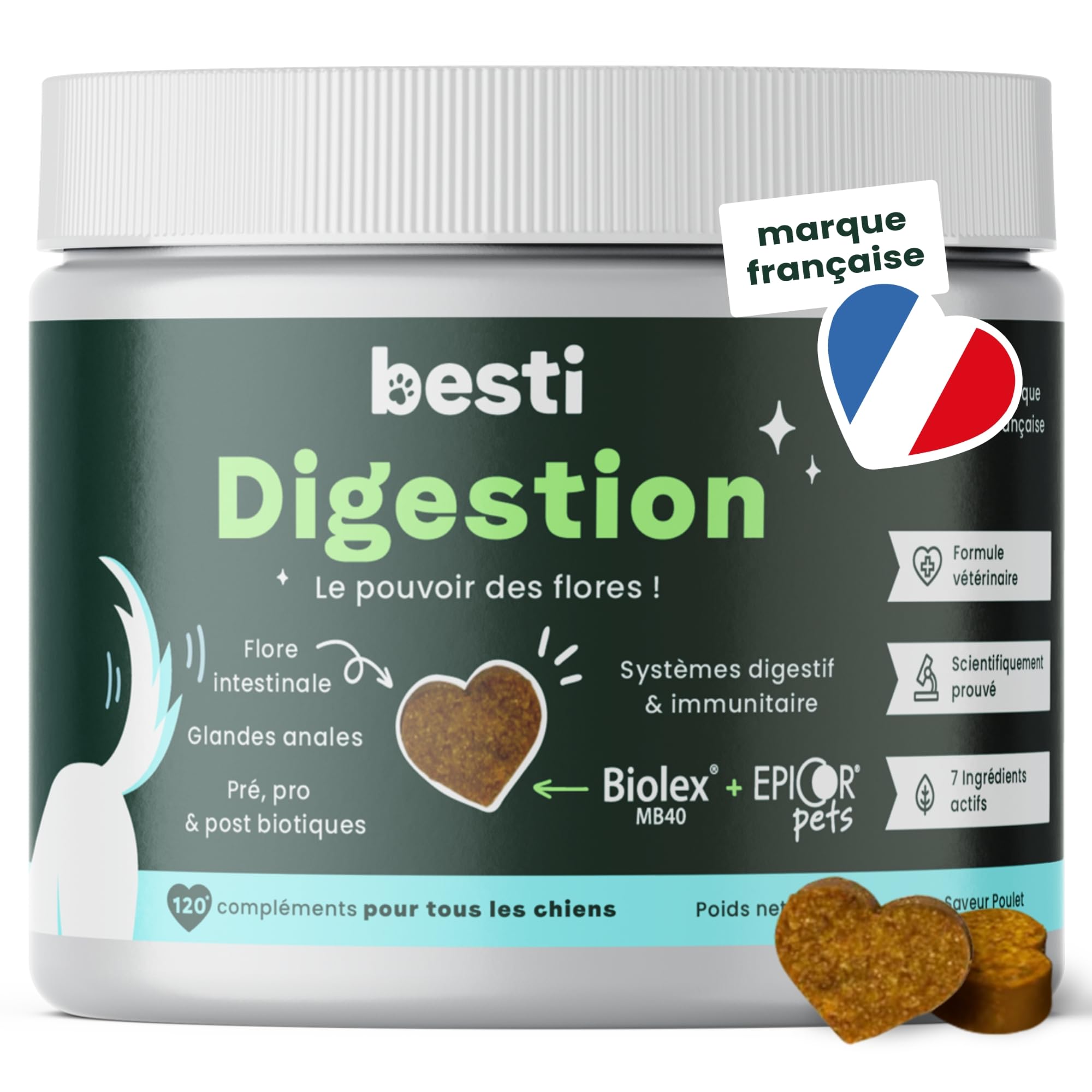 BESTI - Digestion | 120 Compléments Alimentaires Premium pour Chiens | Probiotiques, Prébiotiques, Postbiotiques | Flore Intestinale | Marque Française - Formule Vétérinaire | Au Poulet | 300 GR