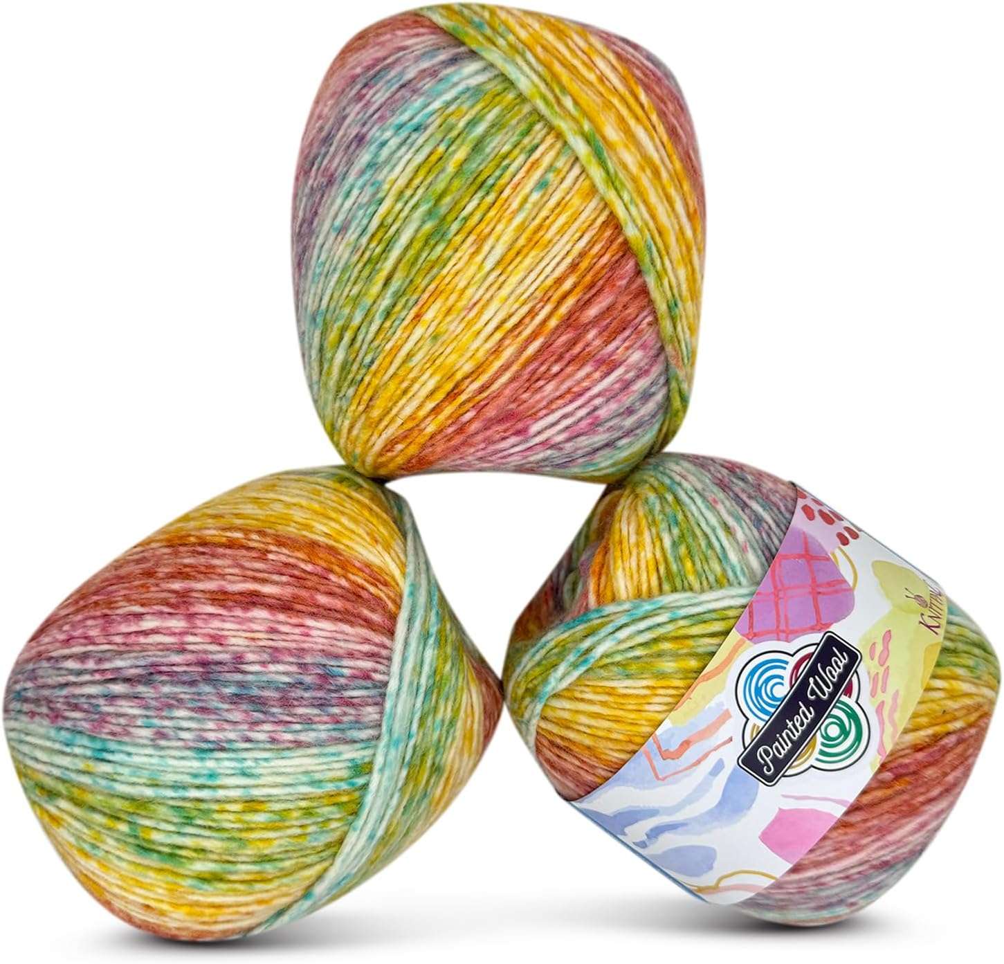 KnitPal Painted Wool Yarn for Knitting, 3 Skeins, 753Yds/300G, Free Patterns - 3 DK Weight Variegated Yarn for Crocheting with Hand Painted Look - Pastel Rainbow