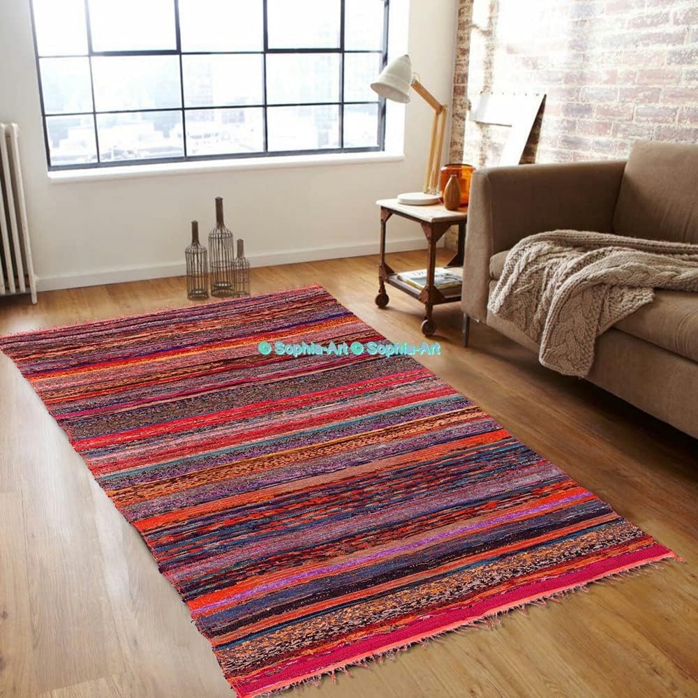 Sophia-Art Indian Bohemian Handmade Reversible Rug Braided Area Decorative Chindi Rag Rug Home Floor Decor Runner Cotton Yoga Mat Rug (6.5ftX3ft) (Orange)