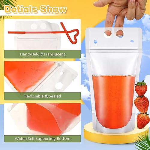 Miniatura 3 de 100 bolsas de jugo personalizadas de 8 onzas con 100 etiquetas impermeables de 3 x 3 pulgadas y 100 popotes reutilizables para bebidas
