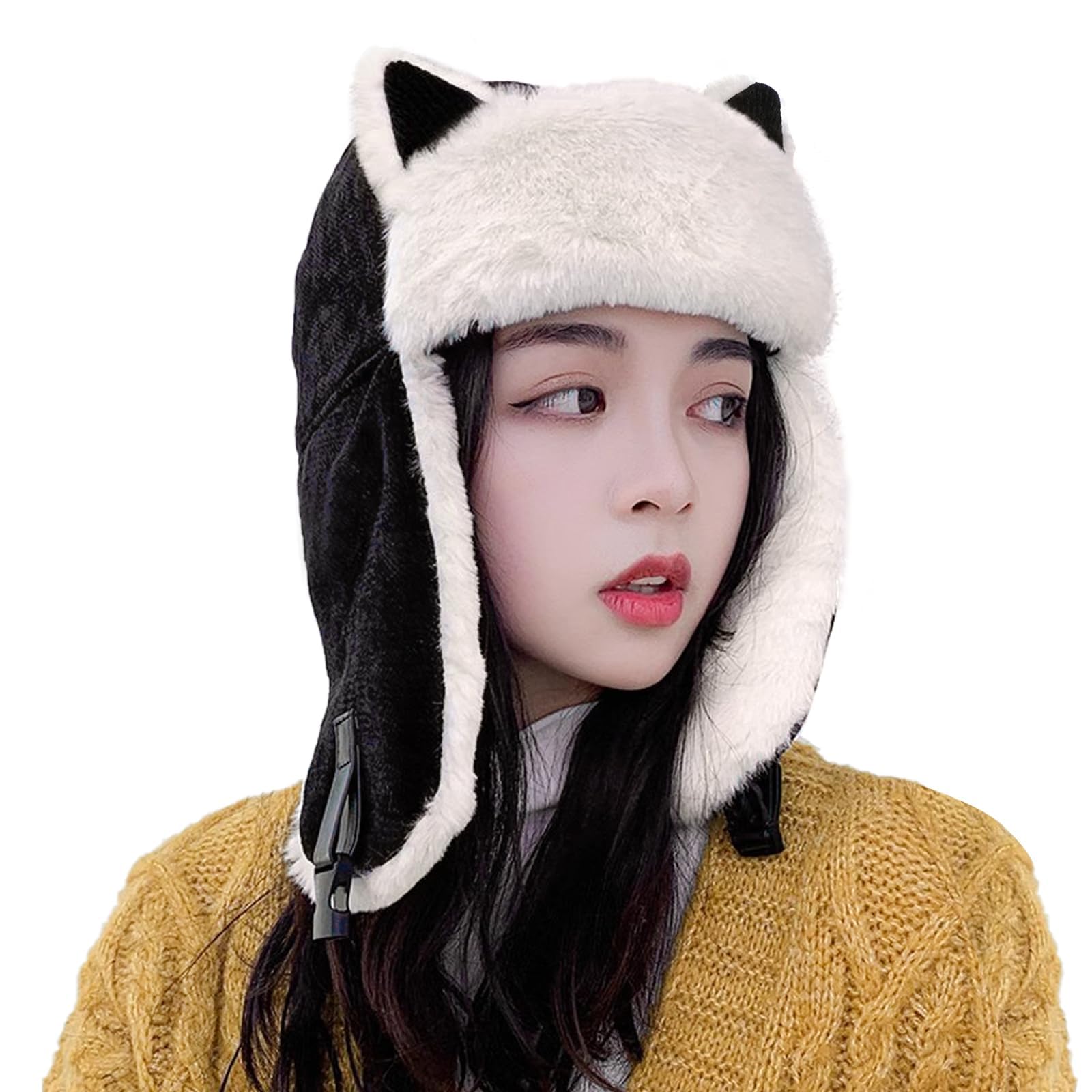 Women's Winter Beanie Hat With Cat Ears - Warm Lined Chunky Soft Stretch Earflap Hat With Earmuffs - Windproof Winter Hat