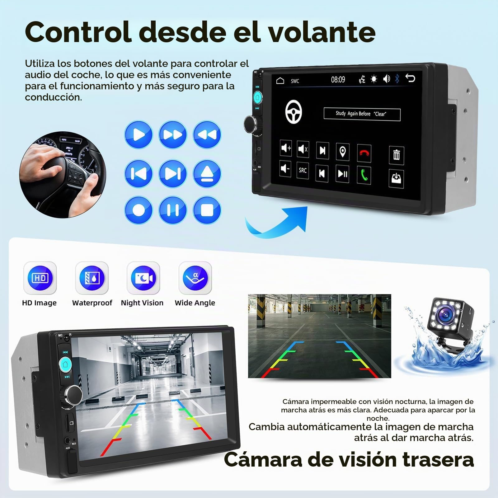 Radio Coche 2 DIN con Pantalla Táctil IPS de 7 Pulgadas Manos Libres, USB, AUX, TF, FM, Pantalla compartida Mirror Link, Reproductor MP5 y cámara de visión Trasera.