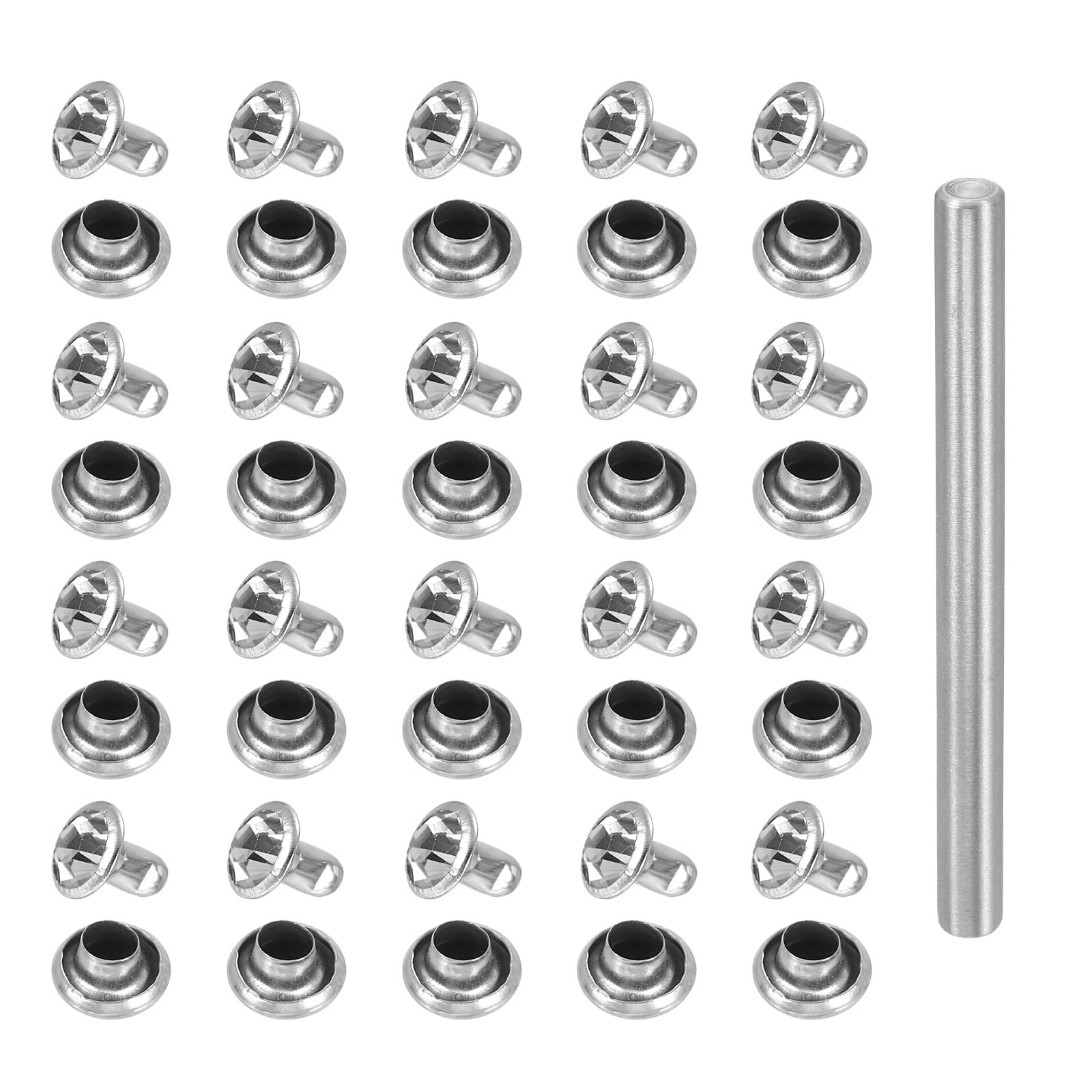 sourcing map 100pcs Crystal Rivets 5mm Rhinestone Rapid Stud Rivets with Steel Installation Tool for Clothing Leather Fabric Arts Crafts Decoration Leathercraft DIY, Silver Clear โ image 1