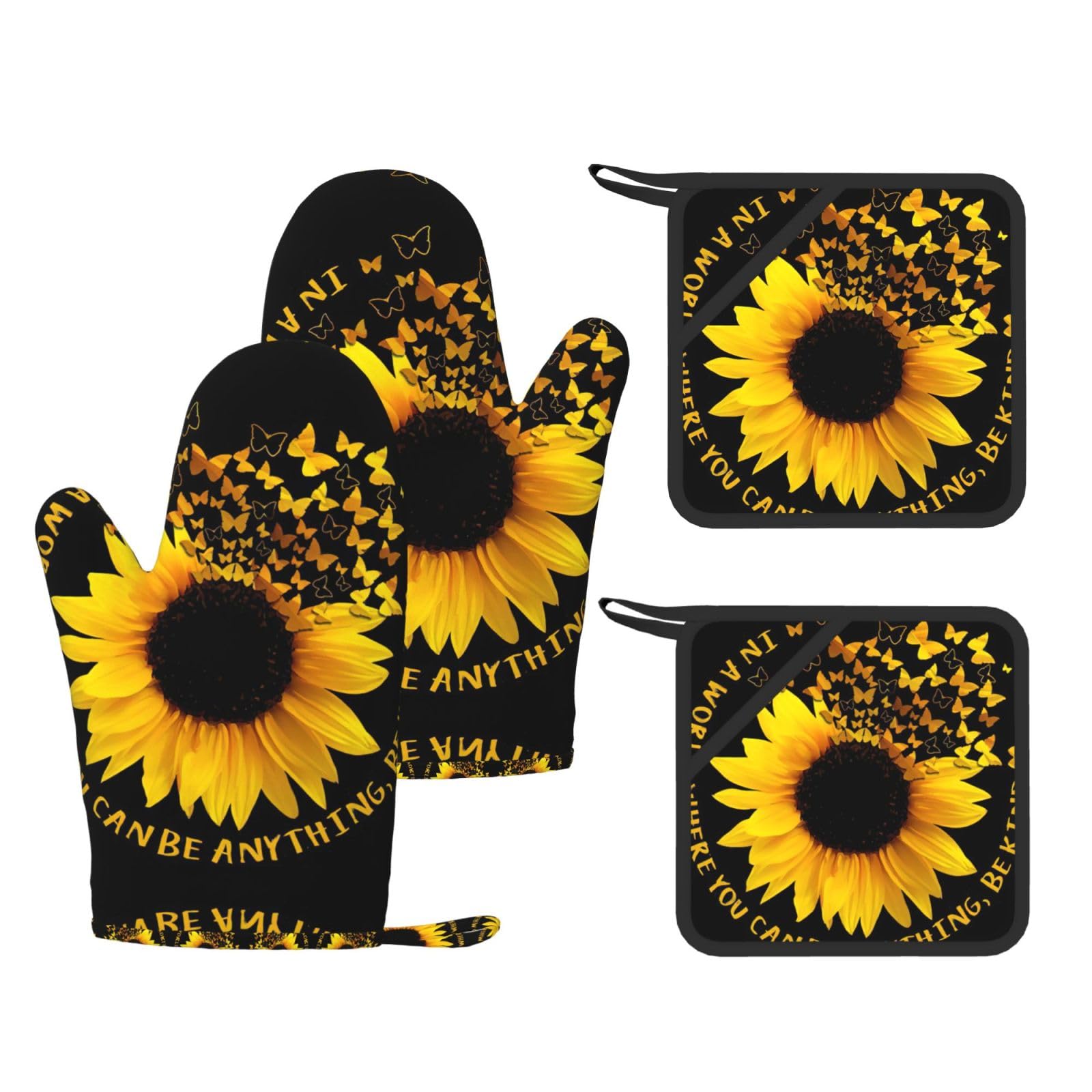 butterfly and sunflower Printed Potholder and Oven Mitt Set of 4, High Heat Resistant Cooking Gloves for BBQ Grilling