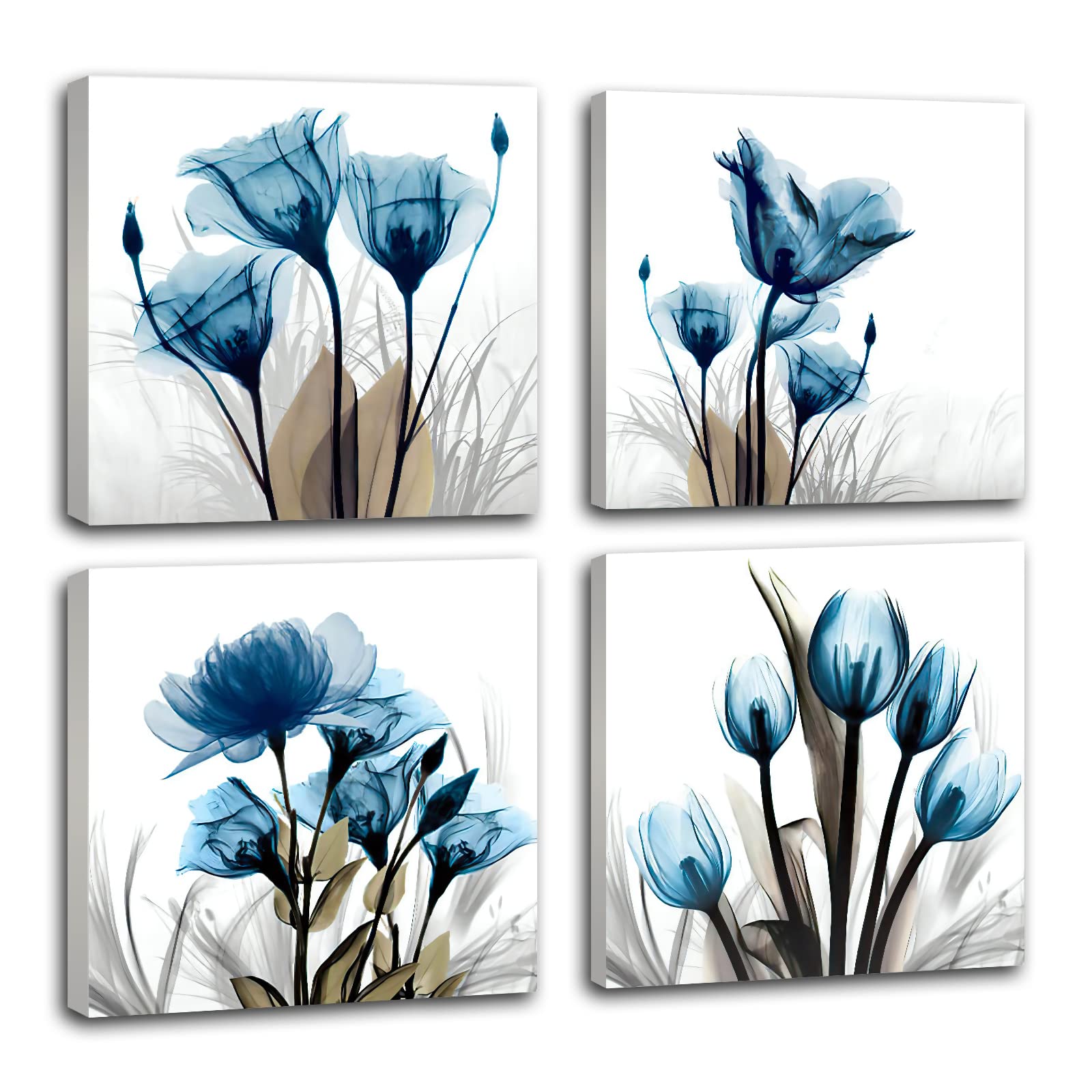 HONEYBABY Blue Canvas Wall Art for Living Room Modern Flower Framed Bathroom Wall Artwork Floral Nature Wall Art Pictures for Bedroom Walls Office Kitchen Hallway Set of 4