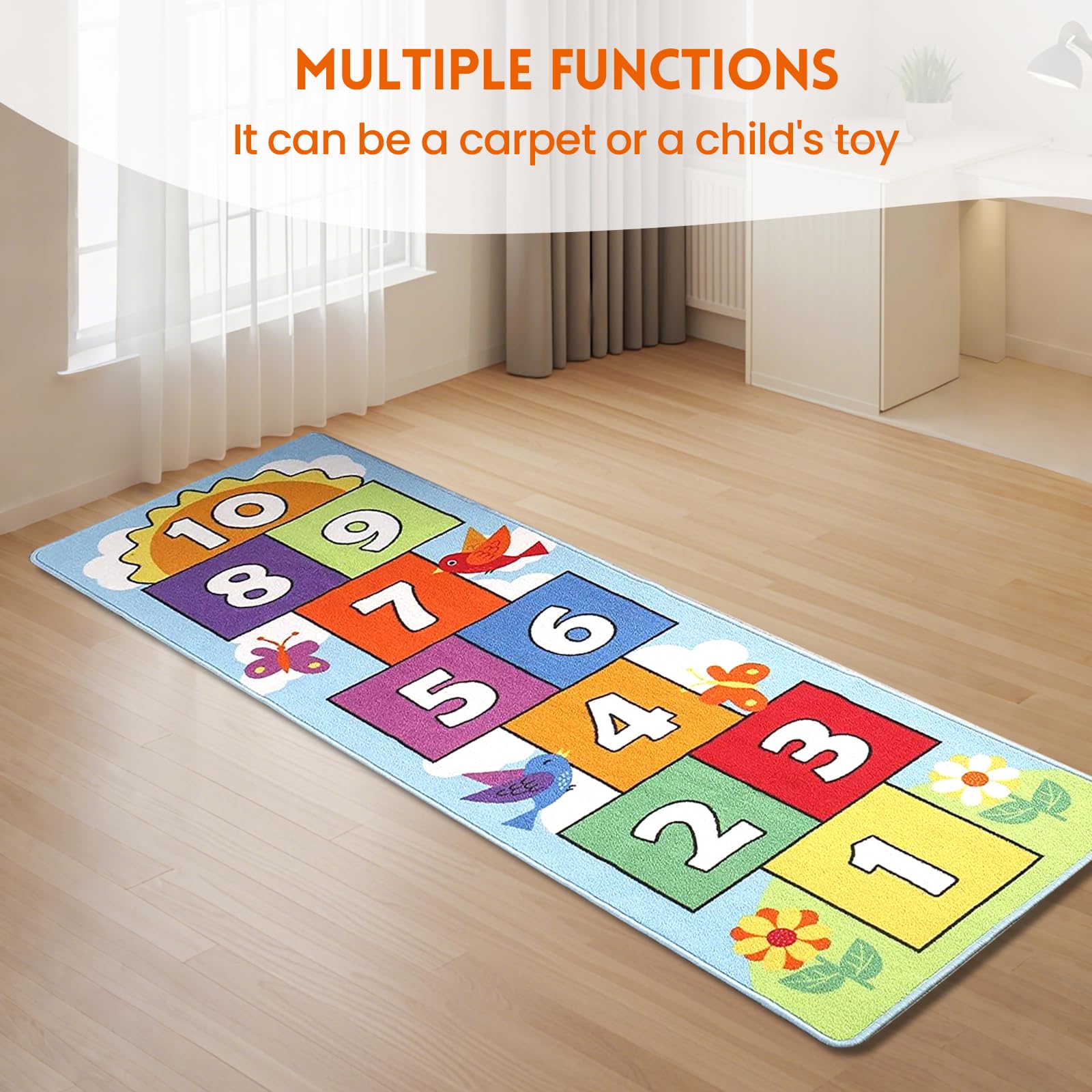 Hop & Count Hopscotch-Teppich für Kinder, Boden-Spielbereich, Spielteppich, Krabbel-Sprungmatte, rutschfeste Unterseite, tolles Geschenk für Jungen und Mädchen, Raumdekoration, klassischer