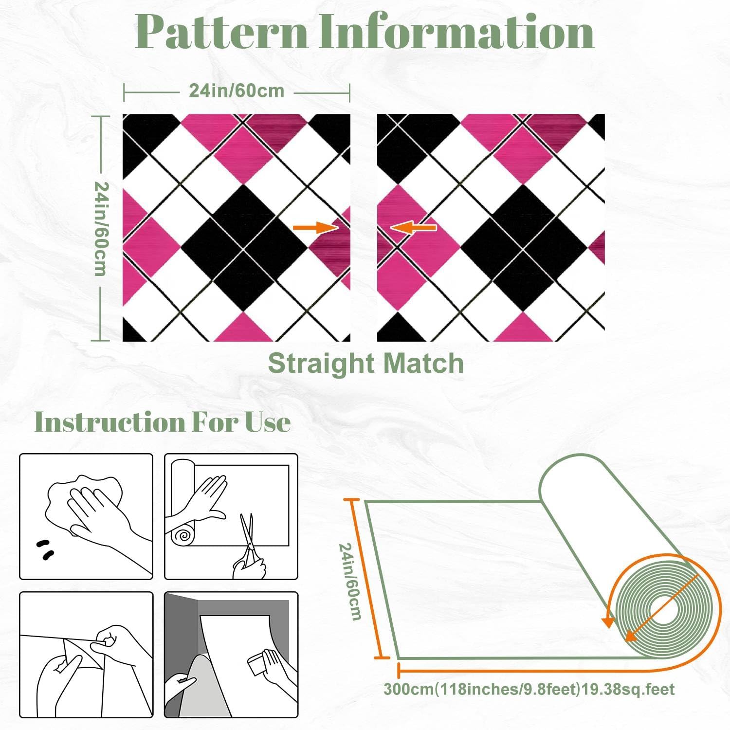 Peel and Stick Wallpaper Seamless Illustrated Argyle Black White hot Pink Wall Contact Paper 24"x118" Waterproof Self Adhesive Vinyl Covering for Bathroom Kitchen Decor