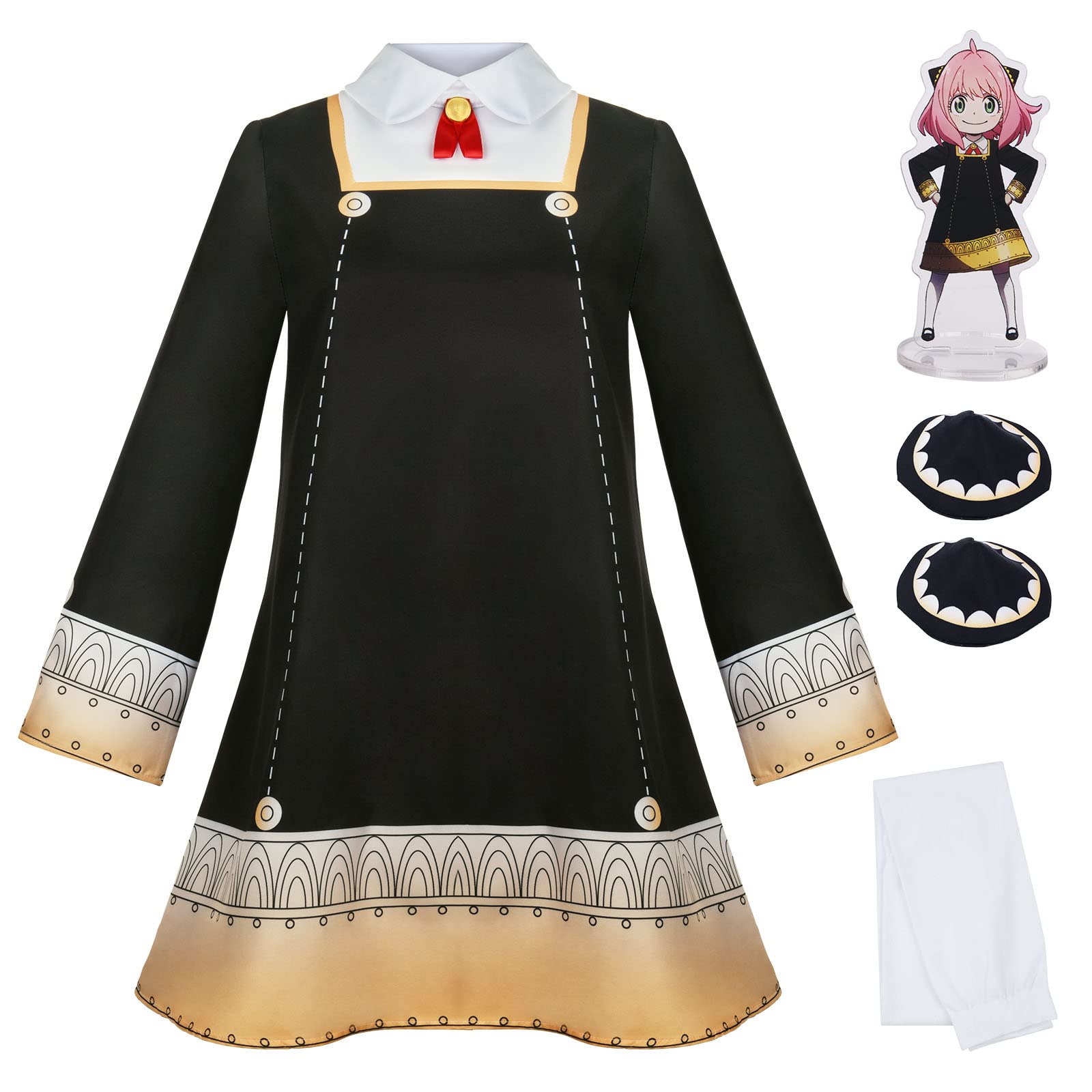 URAQT Spy Family Cosplay Anya Forger Costume Cosplay Dress Hair clips Socks and Stand Set