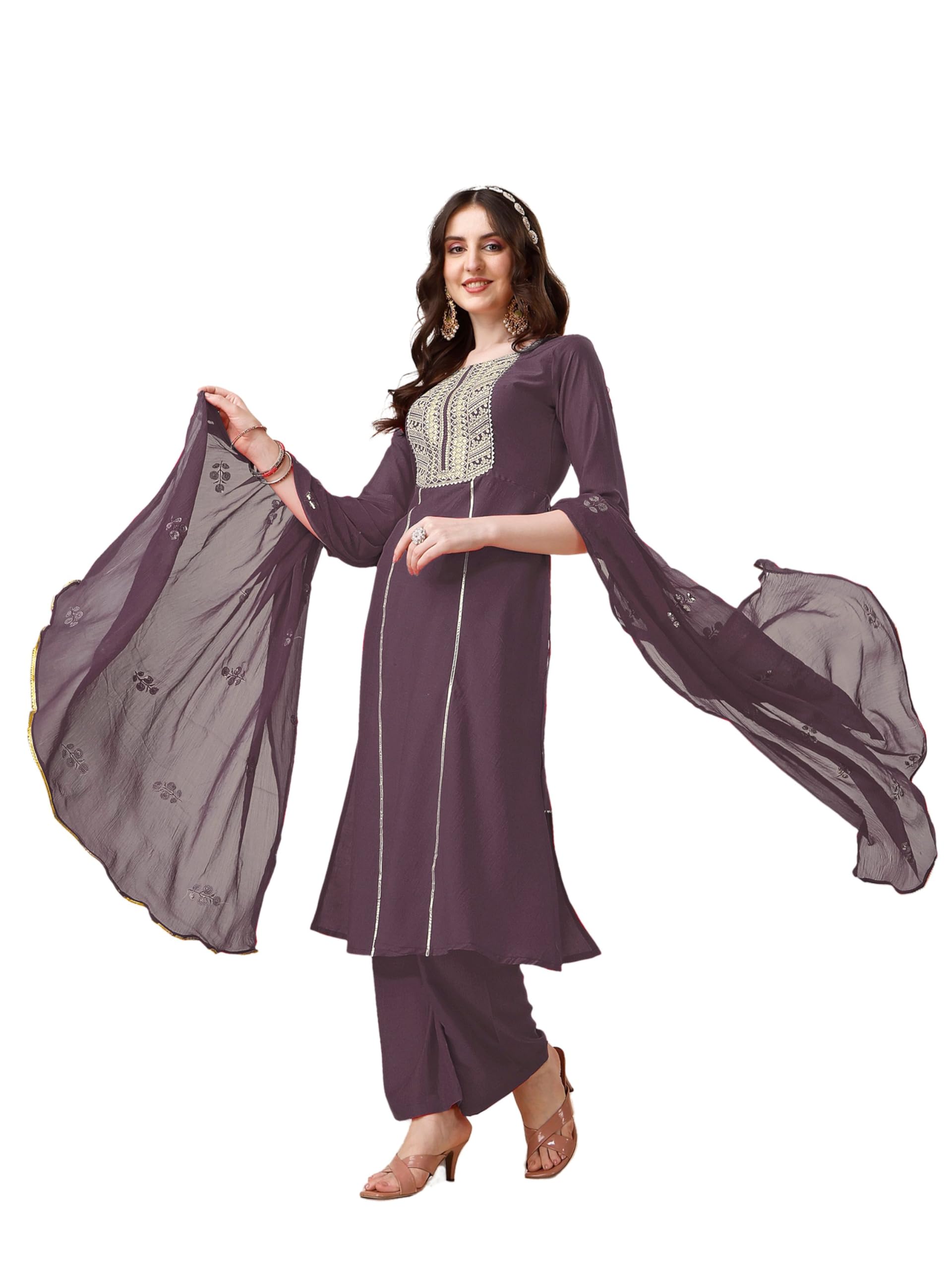 EthnicJunction Cotton Blend Womens Embroidered Thread Work Chinon A-Line Kurta Palazzo With Sequence Dupatta Set (Lavender) (B0CYPHHJH2) Amazon Price History, Amazon Price Tracker