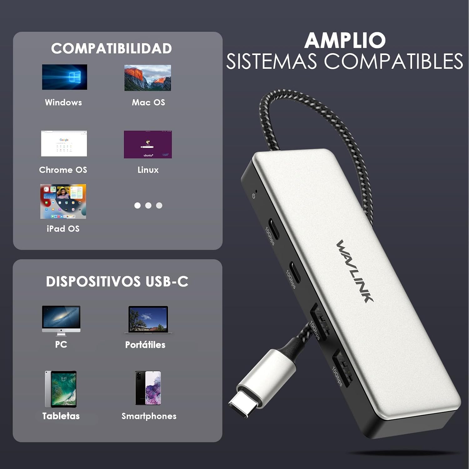 WAVLINK Hub USB C, concentrador USB C de 10 Gbps, 2 Puertos USB C 3.2, 2 Puertos USB A 3.2, Compatible con iMac/MacBook/Chromebook/DELL/HP/Lenovo (no es Compatible con Monitor de Carga/extensión) 7