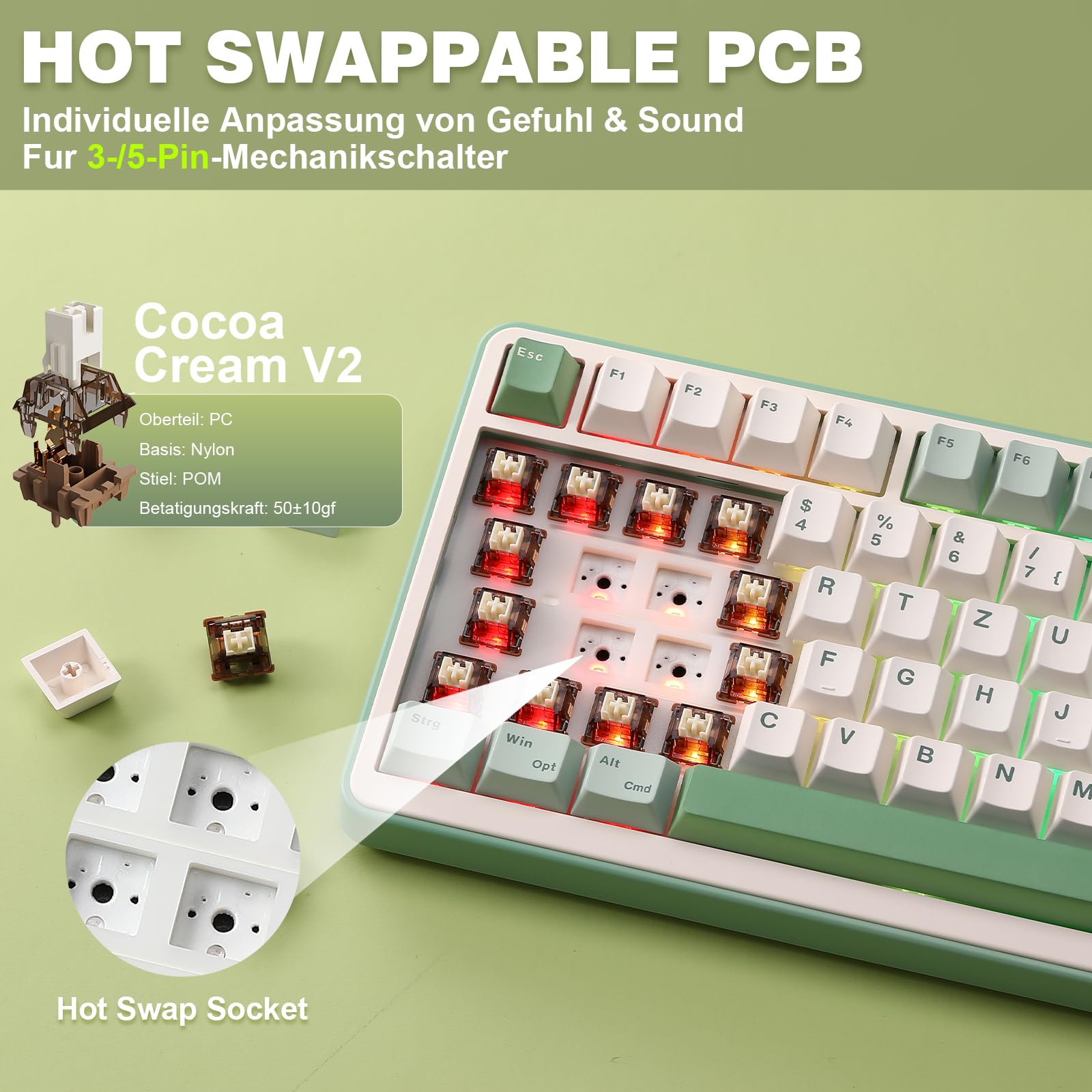 YUNZII B75 PRO ISO-DE Mechanische Gaming Tastatur, 75% QWERTZ Layout (DE) mit Drehknopf, BT5.0/2.4GHz/USB-C, Vorgeschmierte Schalter, RGB für Win/Mac/PC (Matcha Green, Cocoa Cream V2 Switch)