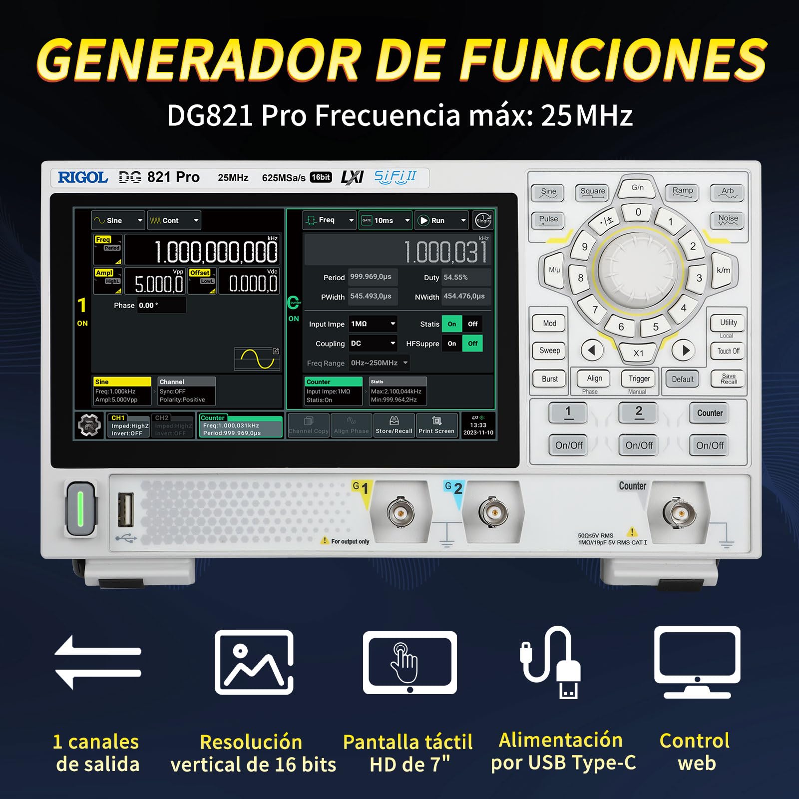 RIGOL Generador de Funciones,DG821 Pro Generador de Señales,25 MHz,1 Canal,Resolución de 16 bits,Pantalla táctil HD de 7 pulgadas,Ultra portátil,Ideal para pruebas en campo y enseñanza en laboratorio
