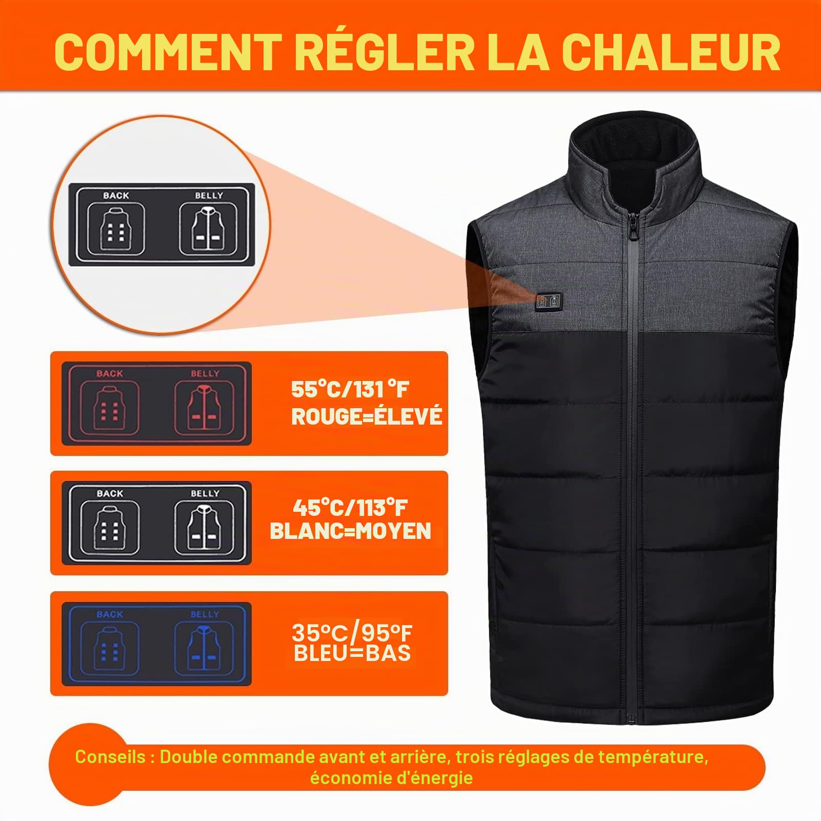 Gilet chauffant pour homme et femme, veste chauffante électrique USB avec 11 zones de chauffage, gilet chauffant léger, pour la pêche et la chasse