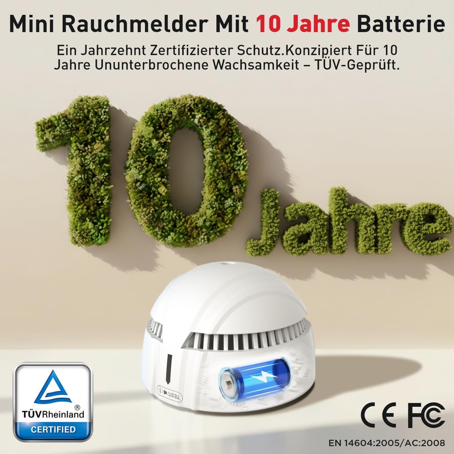 DAYTECH - Mini detector de humo con 10 años de batería, instalación fácil, alarma contra incendios, detector de humo sin perforación con soporte magnético, ideal para casa, apartamento y alquiler