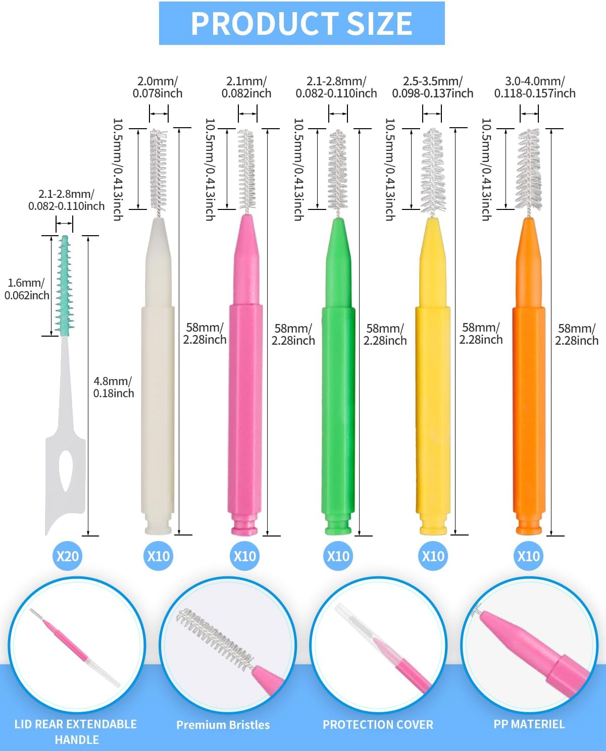 Soft Braces Brush Set, 70 PCS Interdental Brush, 50 PCS Tooth Picks Flossing Head for Oral Tooth Cleaning, with 20 PCS Disposable Toothpicks Braces Flossers with Box (Multiple Sizes)