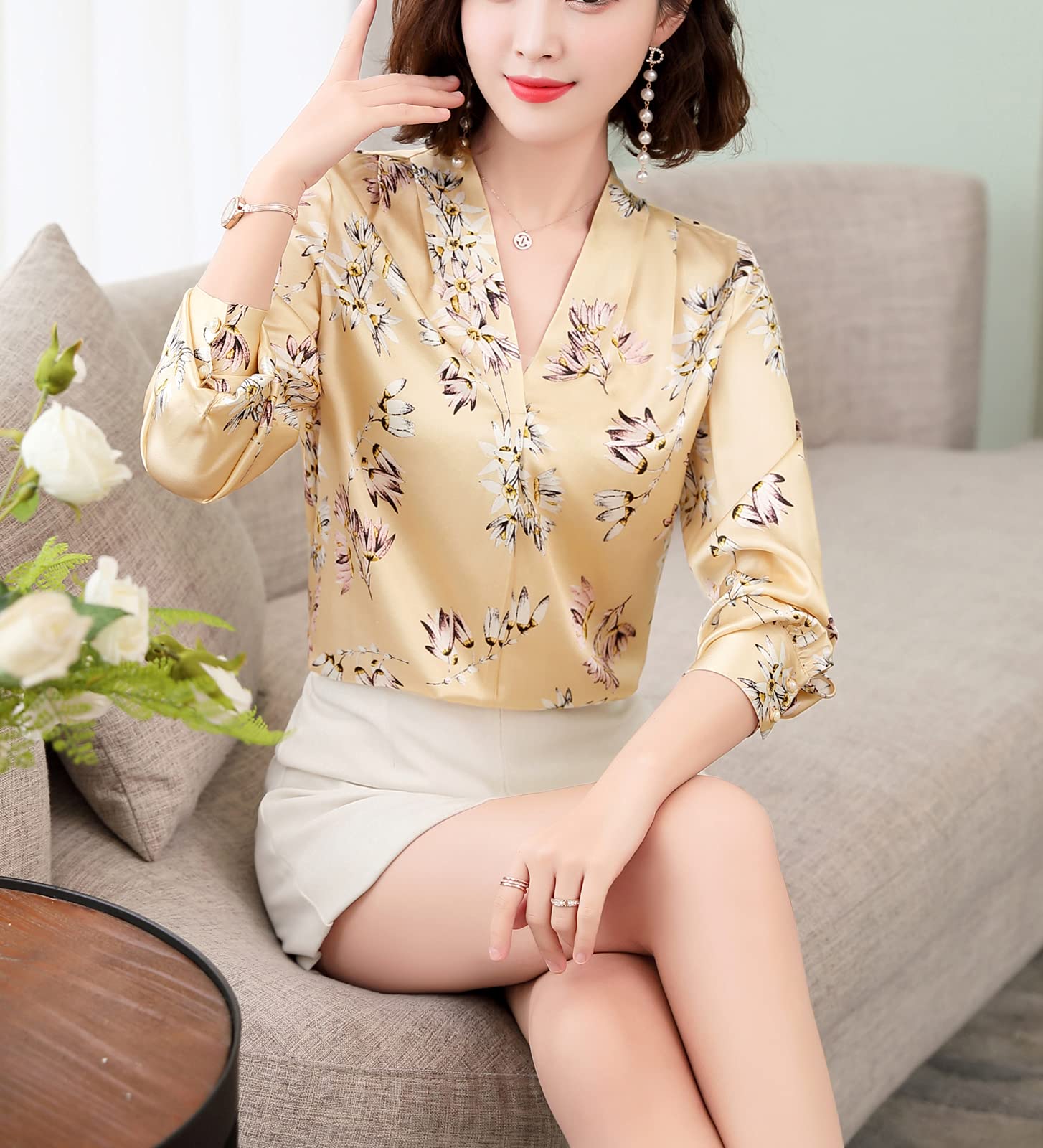E-girl Blusa de seda para mujer con estampado de puente, blusa de manga larga con cuello en V, blusa de seda,S1922