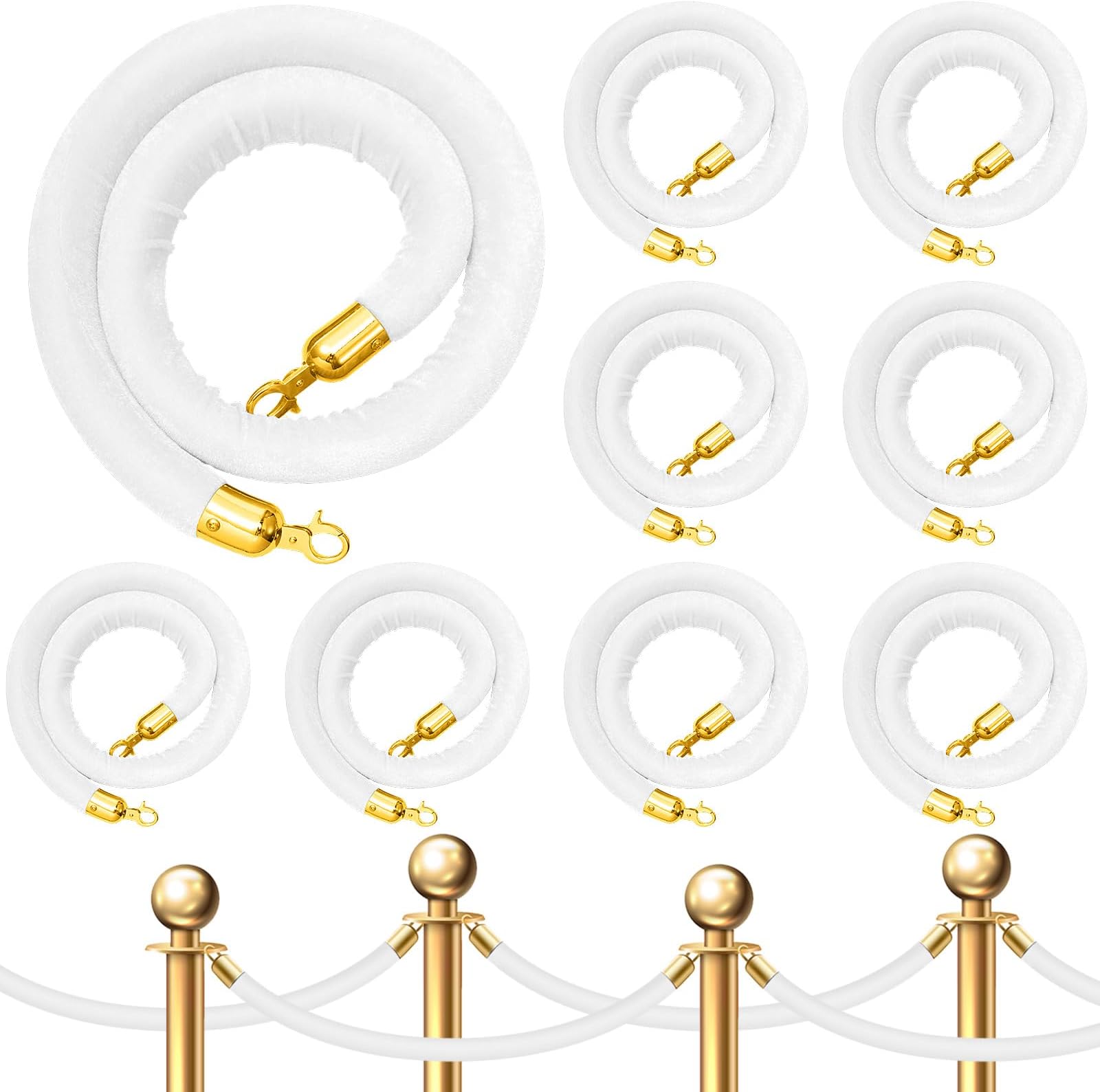 Fumete 9 Pcs Velvet Stanchion Rope Bulk 4 Feet Party Crowd Control Barriers Safety Velvet Rope with Gold Hook for Movie Theaters Opening, Hotel, Carpet, Not Include Stanchion Post(White)