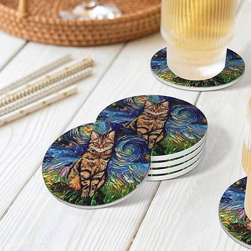 Miniatura 8 de Mr.Tom - Juego de 4 posavasos abstractos para gatos, 4 pulgadas, diseño de Van Gogh, de cerámica de diatomita, con base de corcho, protección de