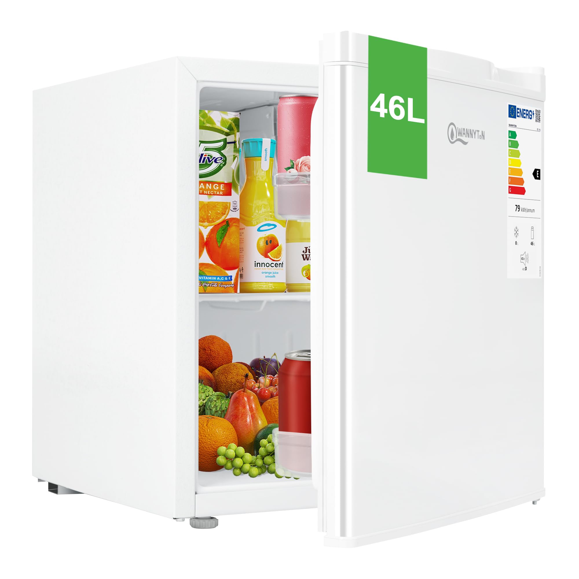 WANNYTON Nevera Pequeña con Congelador, Mini Frigorifico de 46 L, Puerta Reversible, Mini Nevera para Cosméticos, Bebidas, Frutas, Refrigerador para Caravana, Casa, Oficina, Bajo Consumo, Blanco