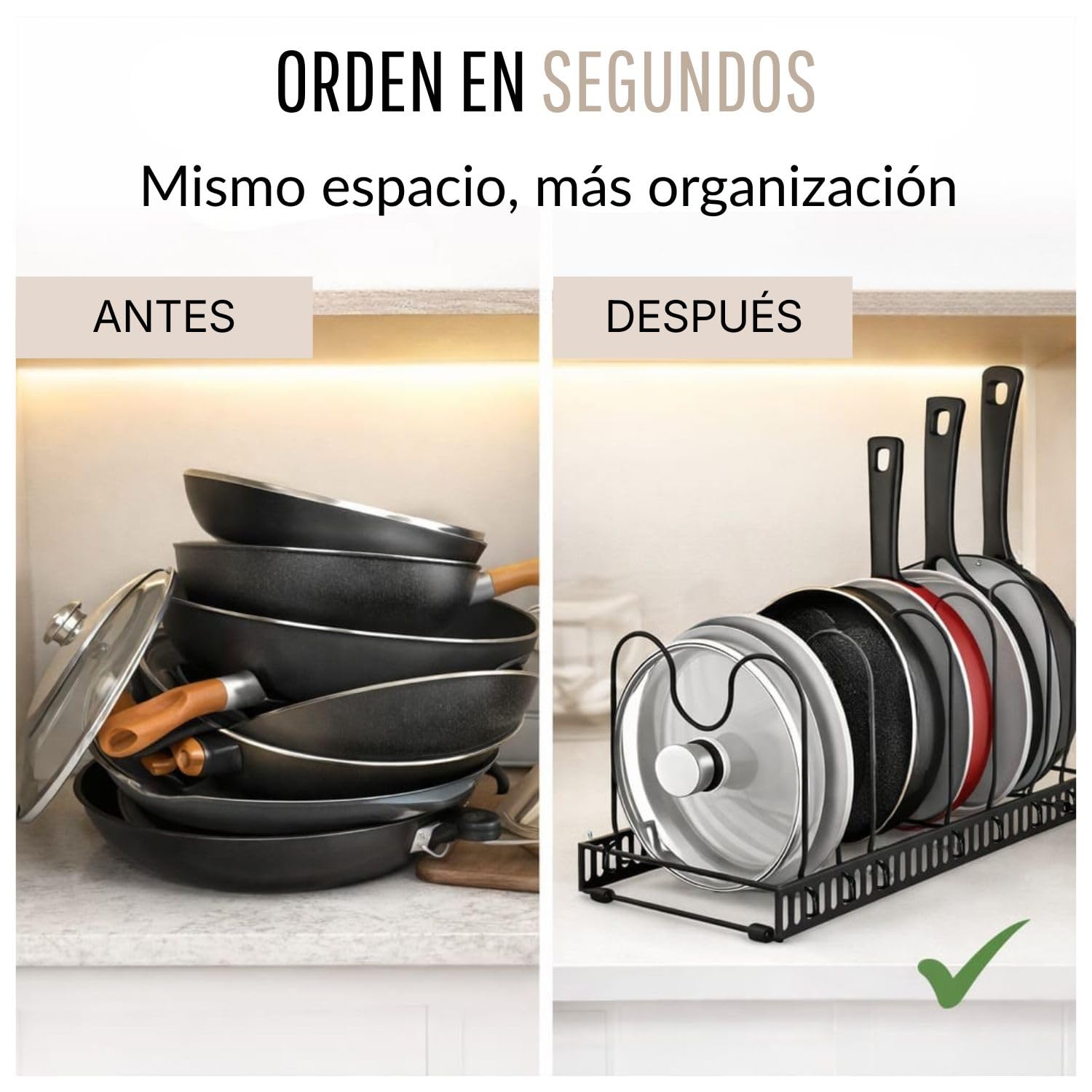 Organizador de Sartenes y Ollas Extensible con 10 Separadores + 2 Clips de Silicona Antiderrame - Soporte de Espátula | Soporte Ajustable para Almacenaje de Tapas, Ollas, Sartenes, Platos…