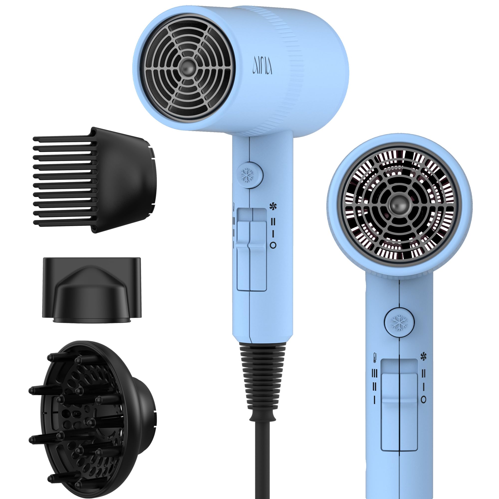 AINA Hair Dryer with Diffuser,Comb Full-Featured Blow Dryer 110V(Blue)
