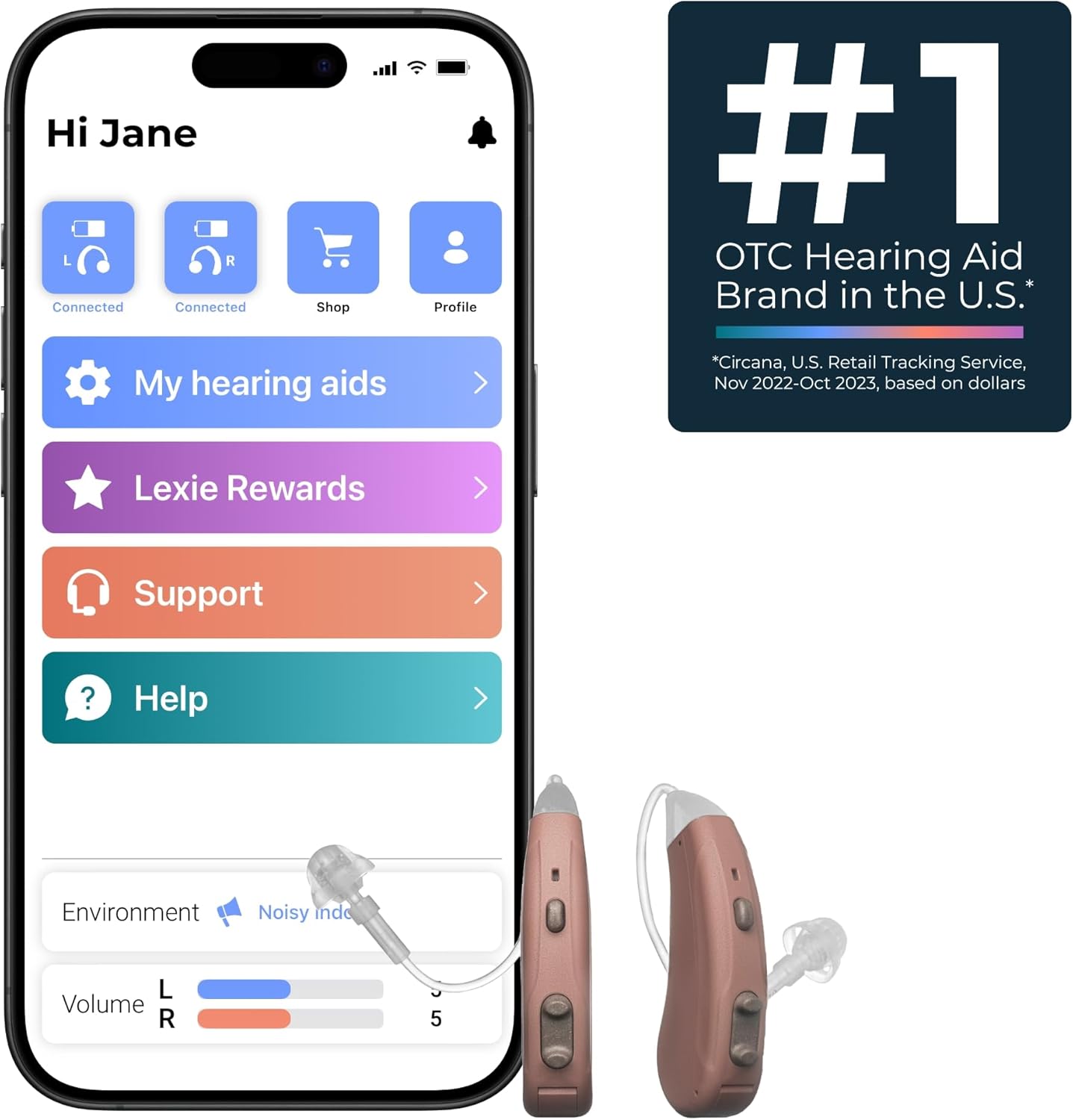 Lexie Lumen Self-Fitting OTC Hearing Aids - Bluetooth Enabled with Invisible Fit, Directional Microphones, Smartphone App Control, Replaceable Batteries, for Mild to Moderate Hearing Loss (Beige)