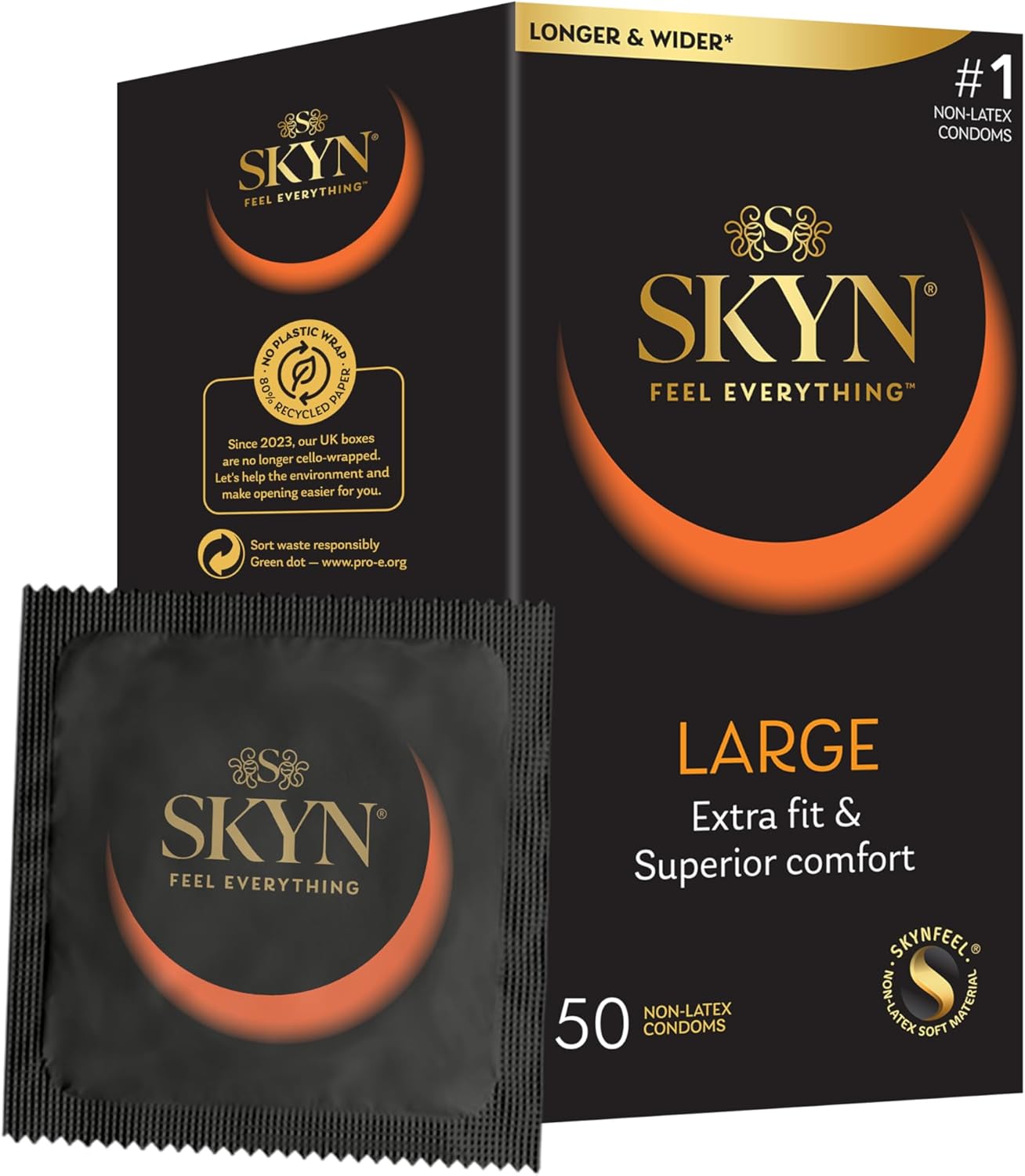 SKYN Large Condoms Pack of 50 / Skynfeel Latex Free Condoms for Men, Extra Large, XL, Thin, Smooth Straight Shape, 56mm Wide