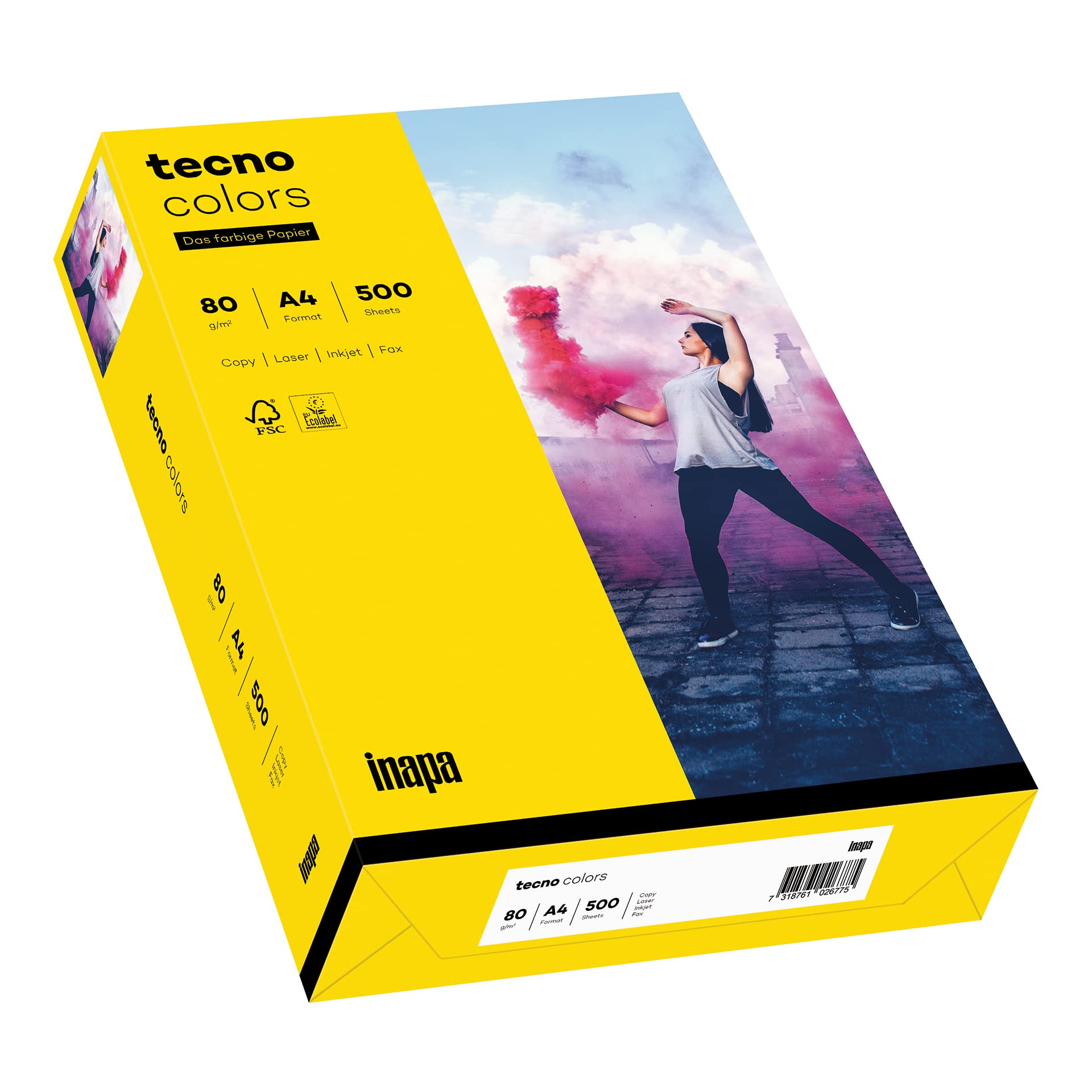 Inapa farbiges Druckerpapier, buntes Papier tecno Colors: 80 g/m², A4, 2.500 Blatt (5x500), intensivgelb