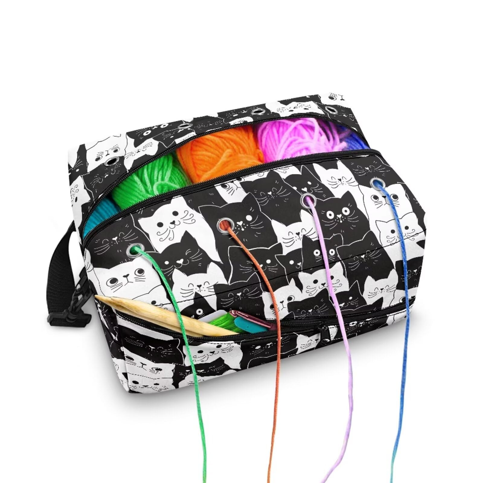 Drnuikhe Black Cats Knitting Bag Yarn Storage Organizer, Portable Knitting Tote Basket Yarn Bags for Crochet Hooks Yarn Holder for Crocheting Knitting Accessories Crochet Gift for Mother Wife
