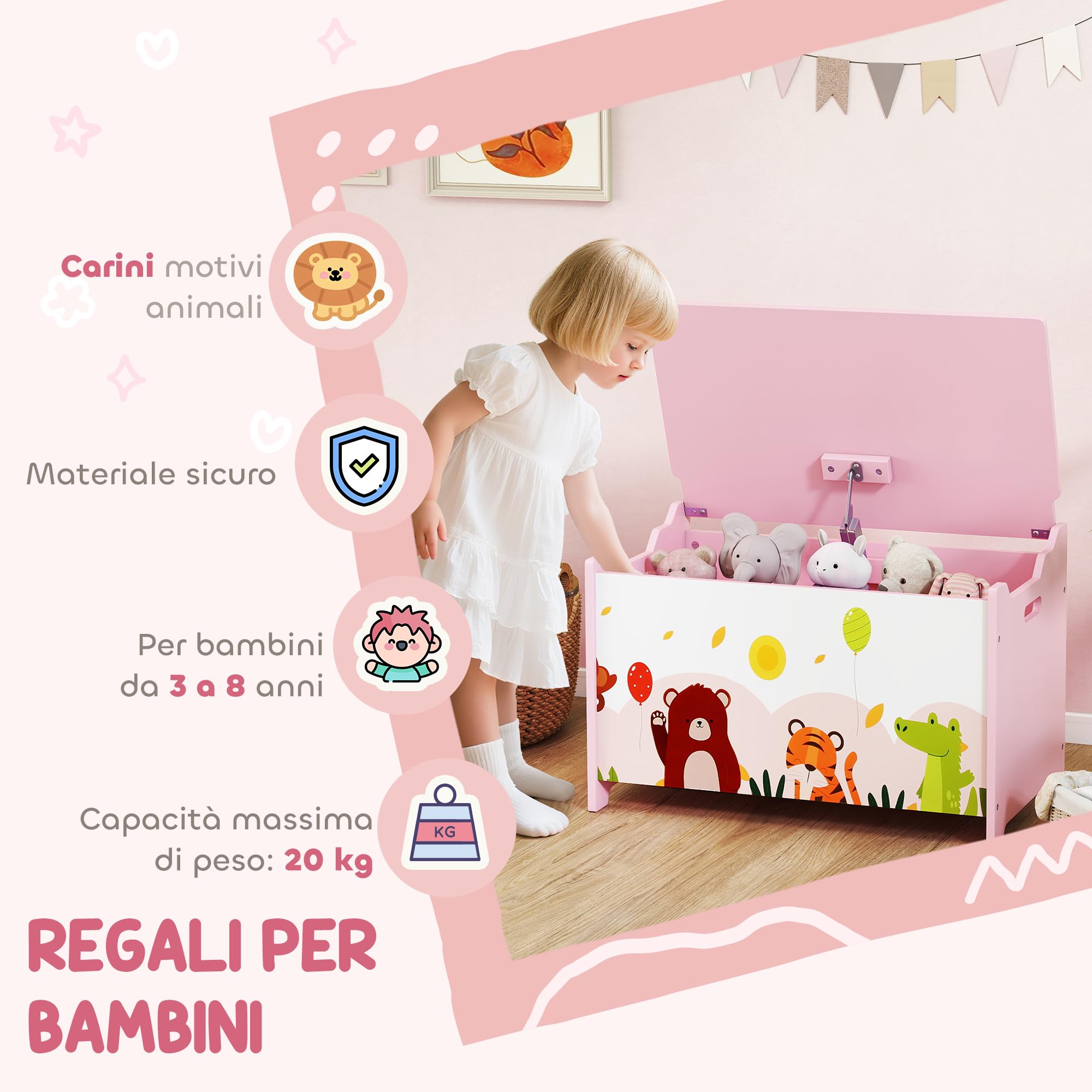 AIYAPLAY Baule Portagiochi per Bambini, Contenitore per Giocattoli in Legno con Cerniere di Sicurezza, Mobile per Cameretta e Salotto con Disegni di Animali, 60x37x39 cm, Rosa