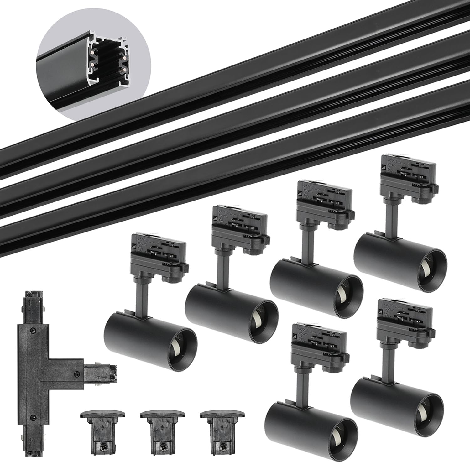 3-Phasen-Schienen-Set NEXTRACK - Schienensystem Komplett-Set 3x1m Schiene, T-Verbinder, 6x Lampe, 3x Kappe SCHWARZ