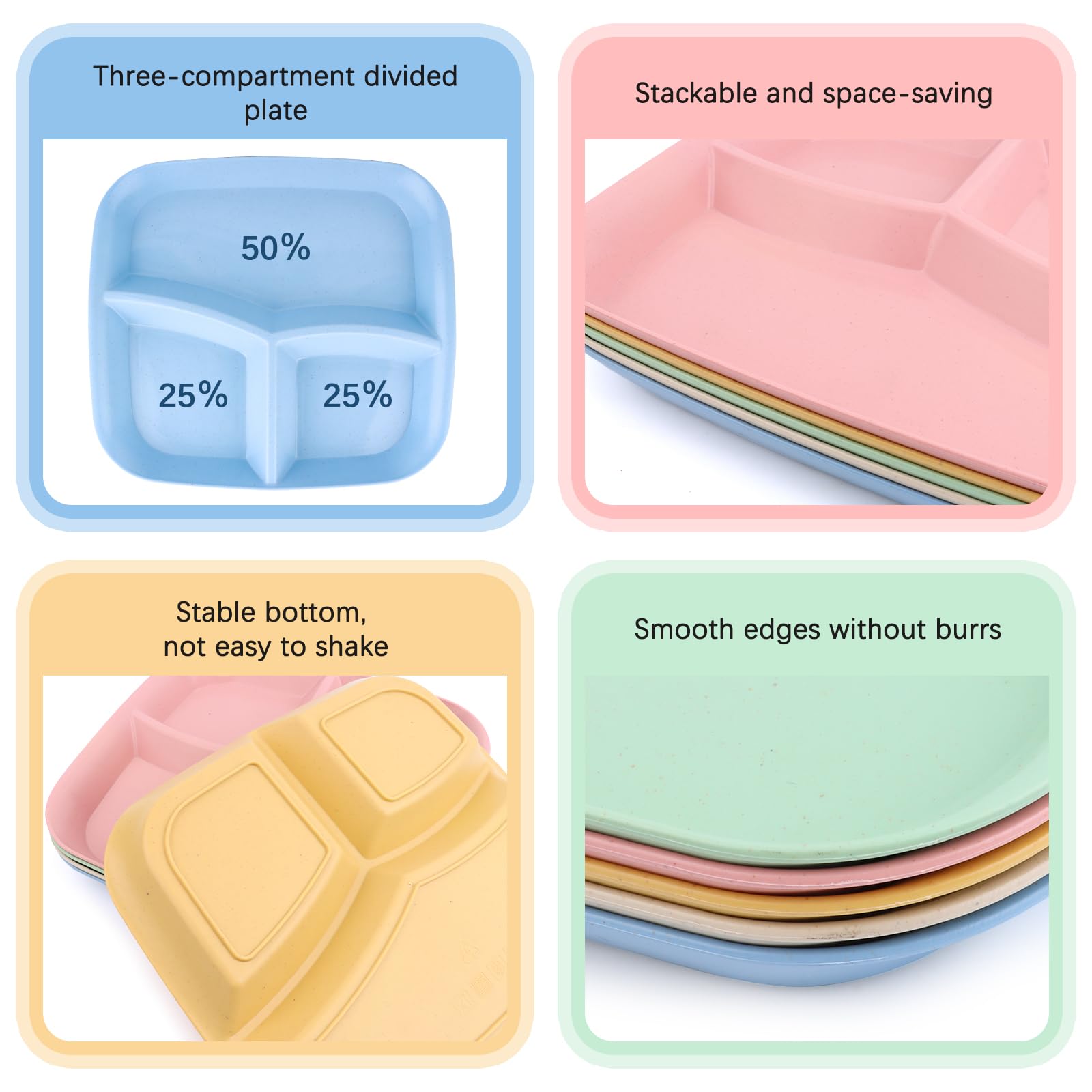 5 Assiettes Compartimentées Incassables + Couverts - PP Alimentaire - Micro-ondes/Lave-vaisselle - Multicolore