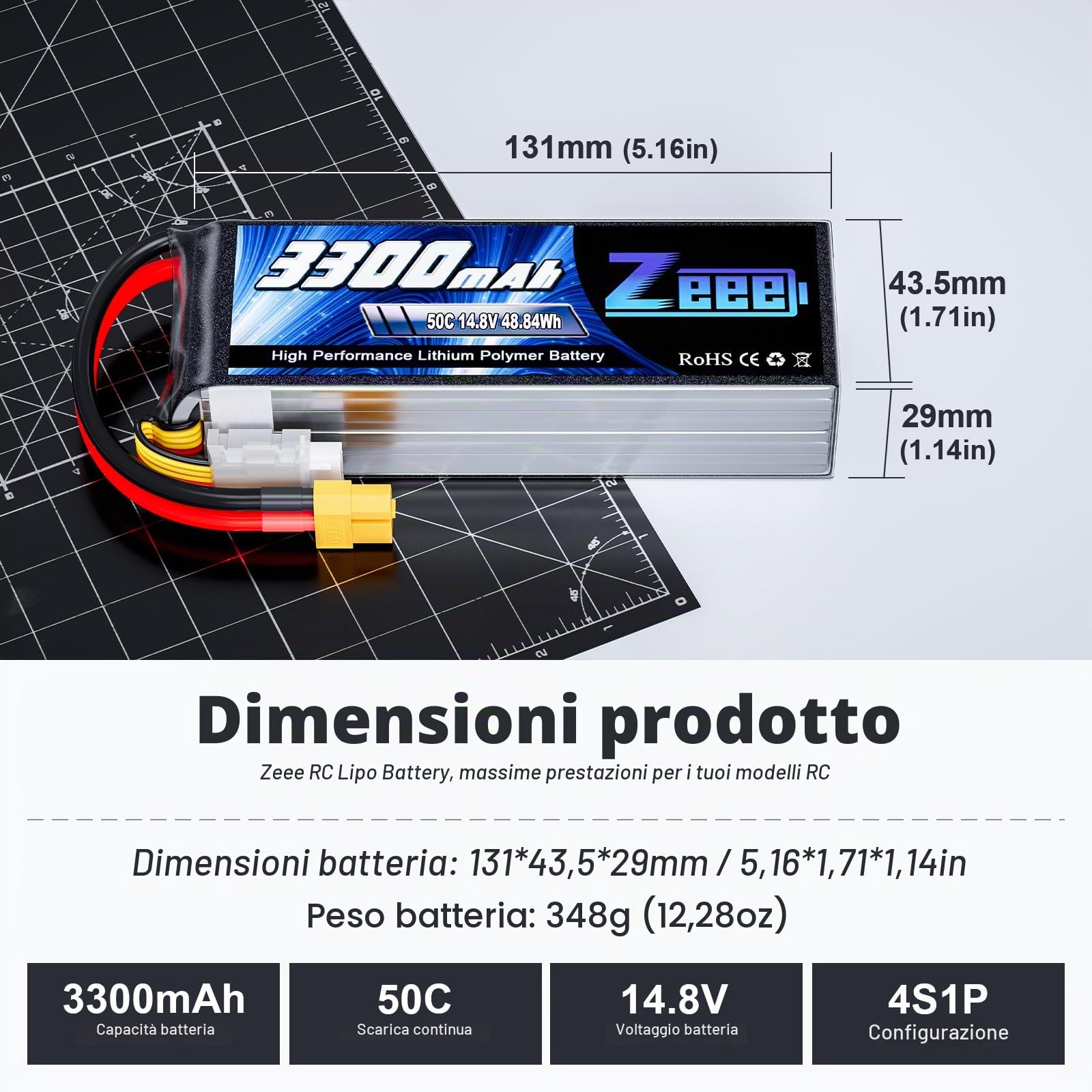 Zeee 4S Lipo 14,8V 50C 3300mAh RC Batteria con Connettore XT60 (2 pezzi) | Batteria RC per FPV Racing UAV Drone Veicolo a quattro assi elicottero RC Nave RC Veicolo RC Modells