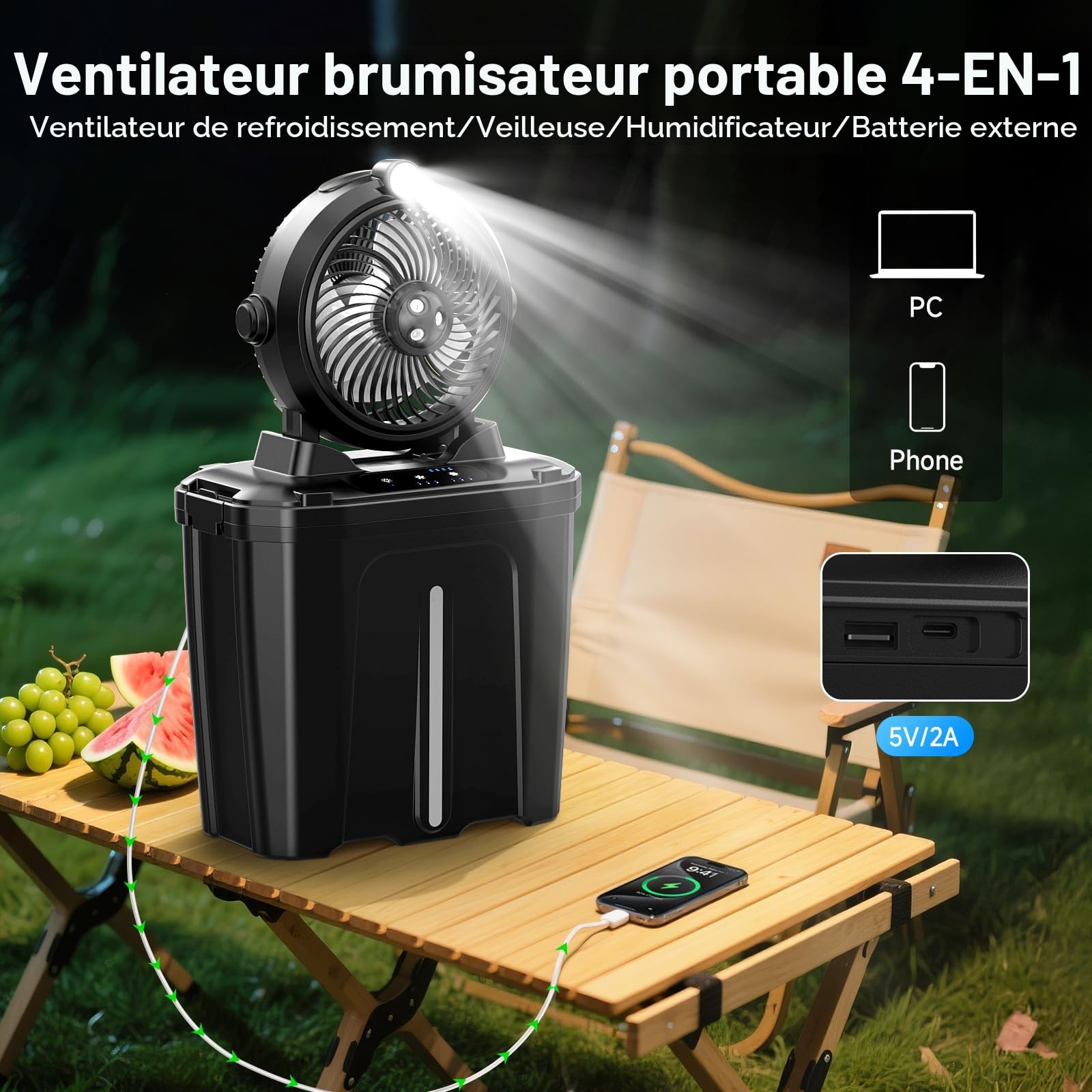 Ventilateur Brumisateur Camping avec Seau de 11L & LED, 20000mAh Batterie Ventilateur Portable, 3 Vitesses, 3 Modes de Brumisation, Oscillation Verticale à 45°, Camping/Pêche/Voyage