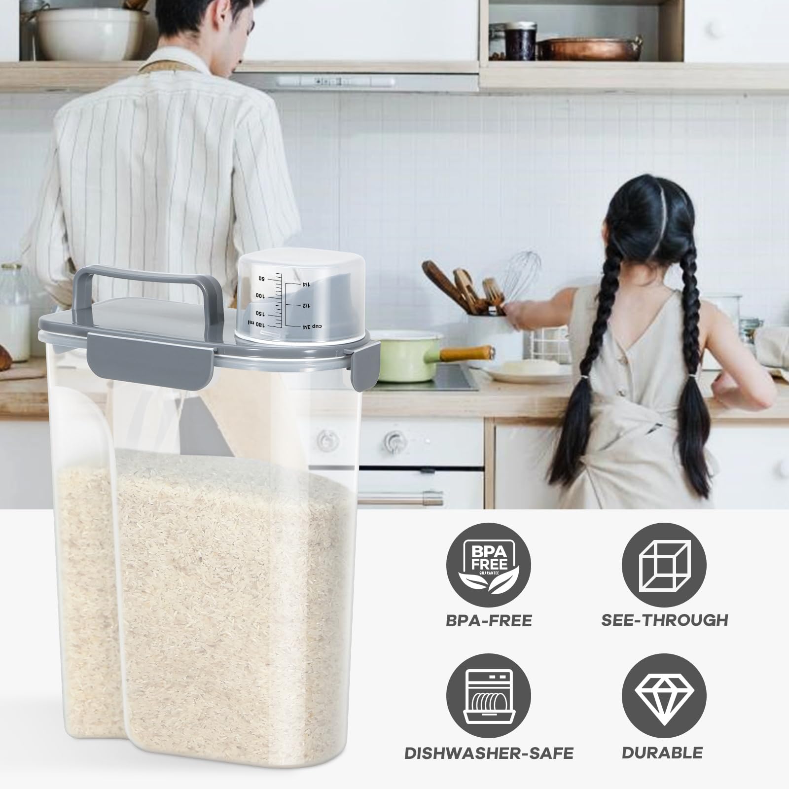 TBMAXS Contenedor de almacenamiento de arroz de 10 libras, dispensador hermético de alimentos con boquilla grande y taza para almacenamiento de alimentos de mascotas, perros, gatos, 7 libras